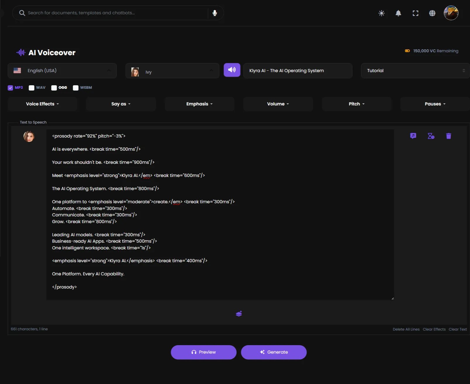 AI Voiceover workspace with a script and voice controls