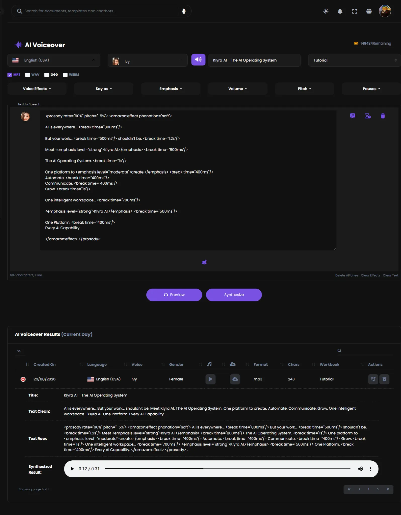 AI Voiceover with a completed script ready to generate