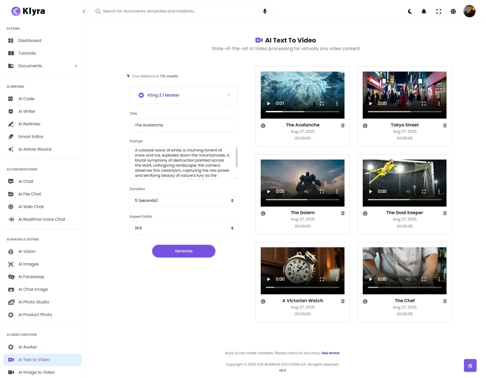 Klyra Ai Dashboard Text To Video Web