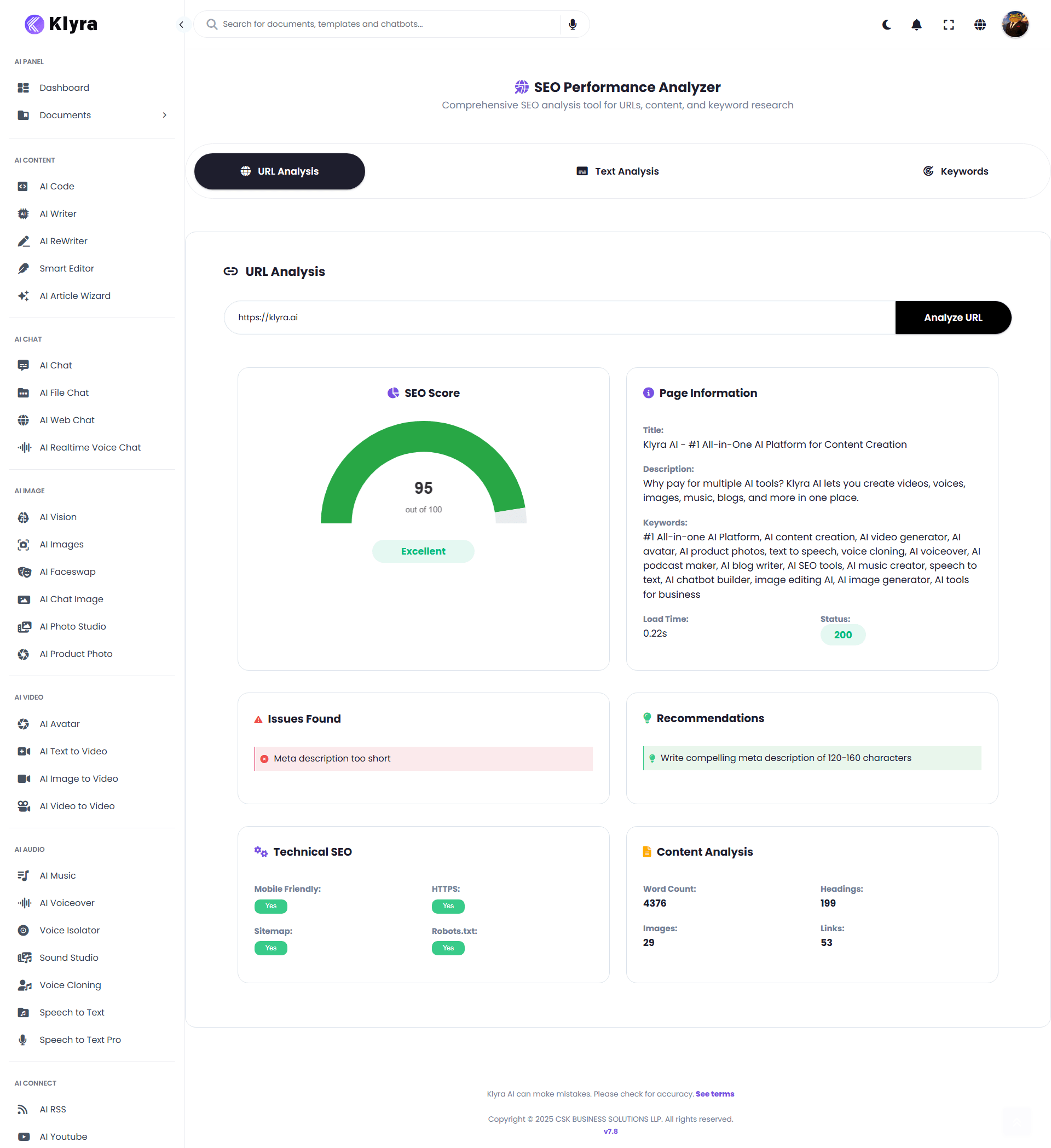 Klyra AI SEO URL Analysis Web