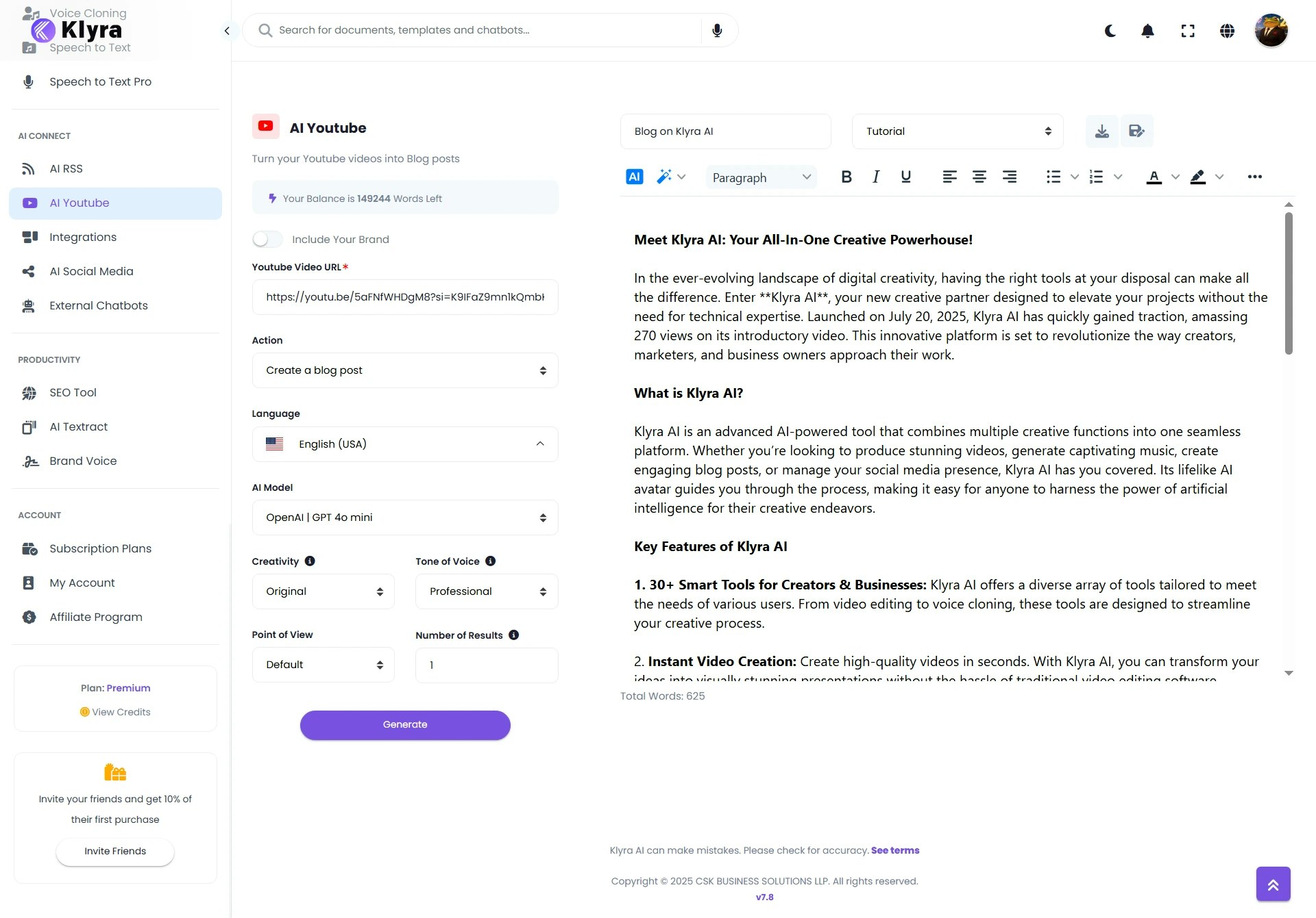 Klyra AI YouTube Web