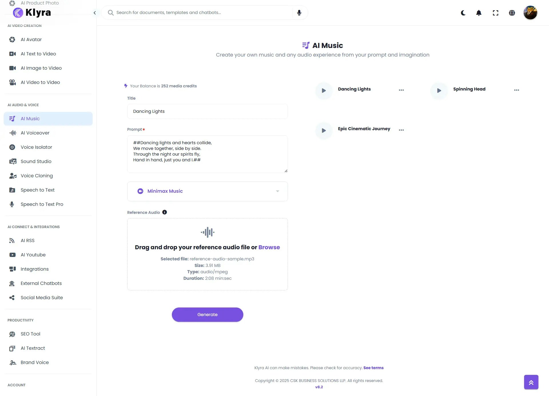 Klyra Ai Dashboard Ai Music Web