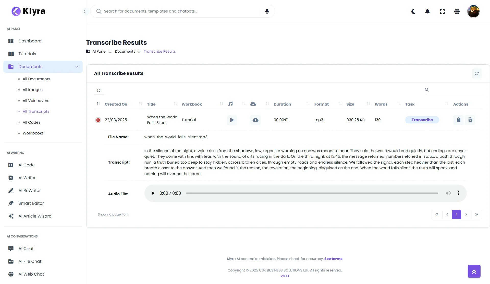 Klyra Ai Dashboard All Transcripts Web