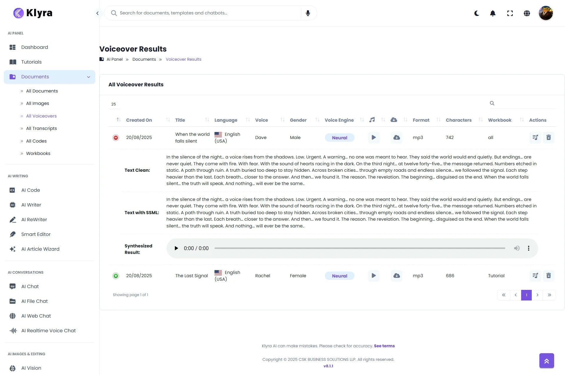 Klyra Ai Dashboard Documents All Voiceovers Web