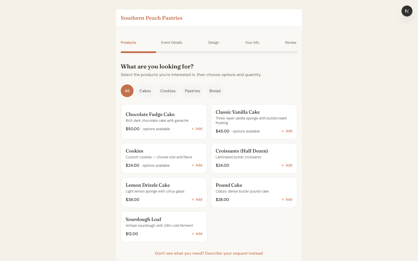 The Board showing your business name, products, and pricing as customers see it
