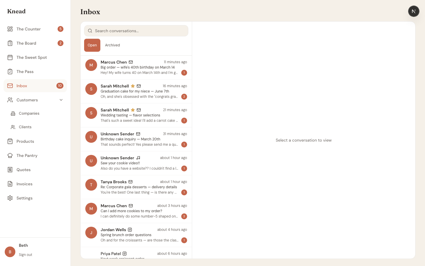 Inbox showing conversation list with unread badges, priority stars, and message previews