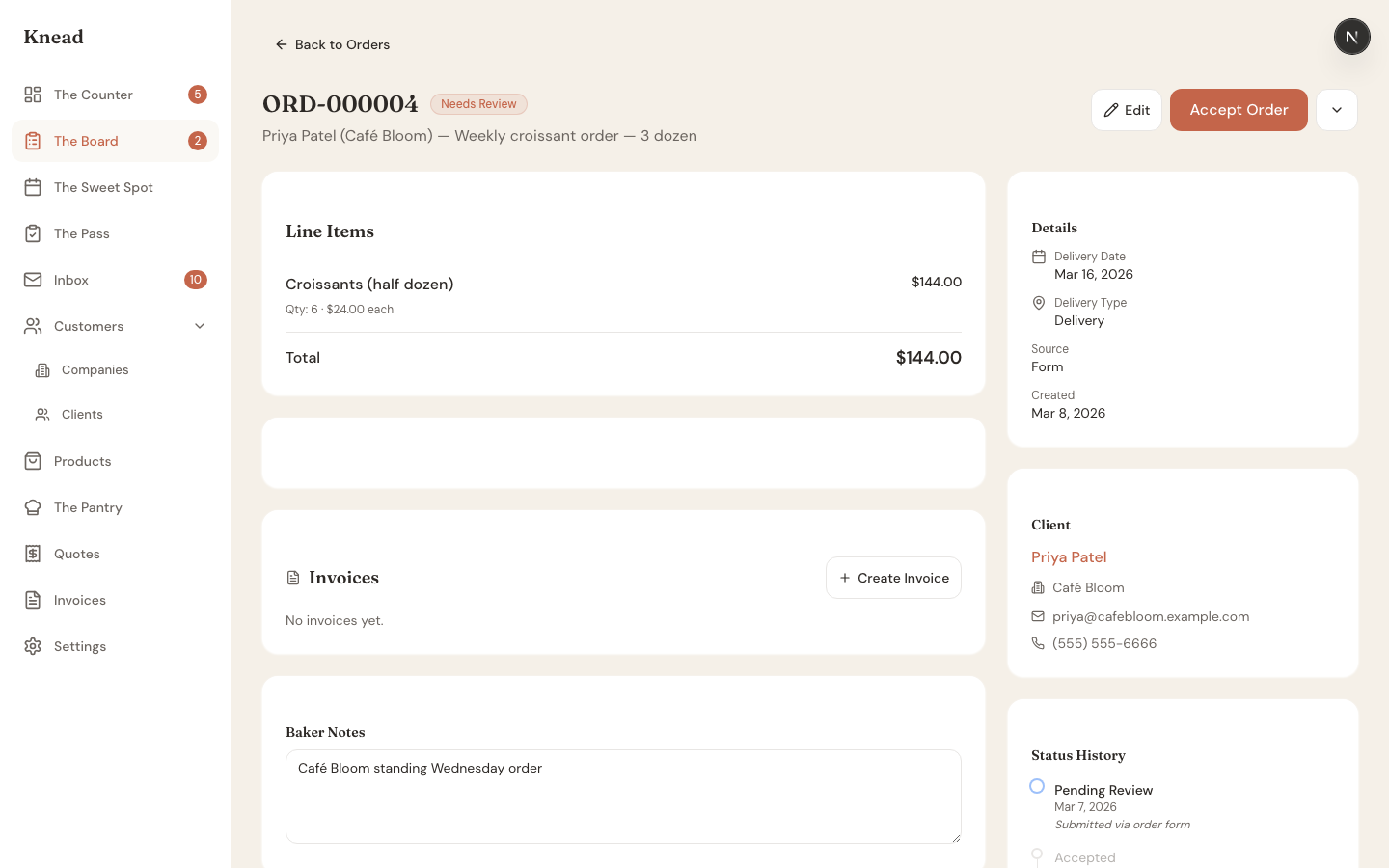 Order detail page showing line items, delivery date, client info, and Accept Order button