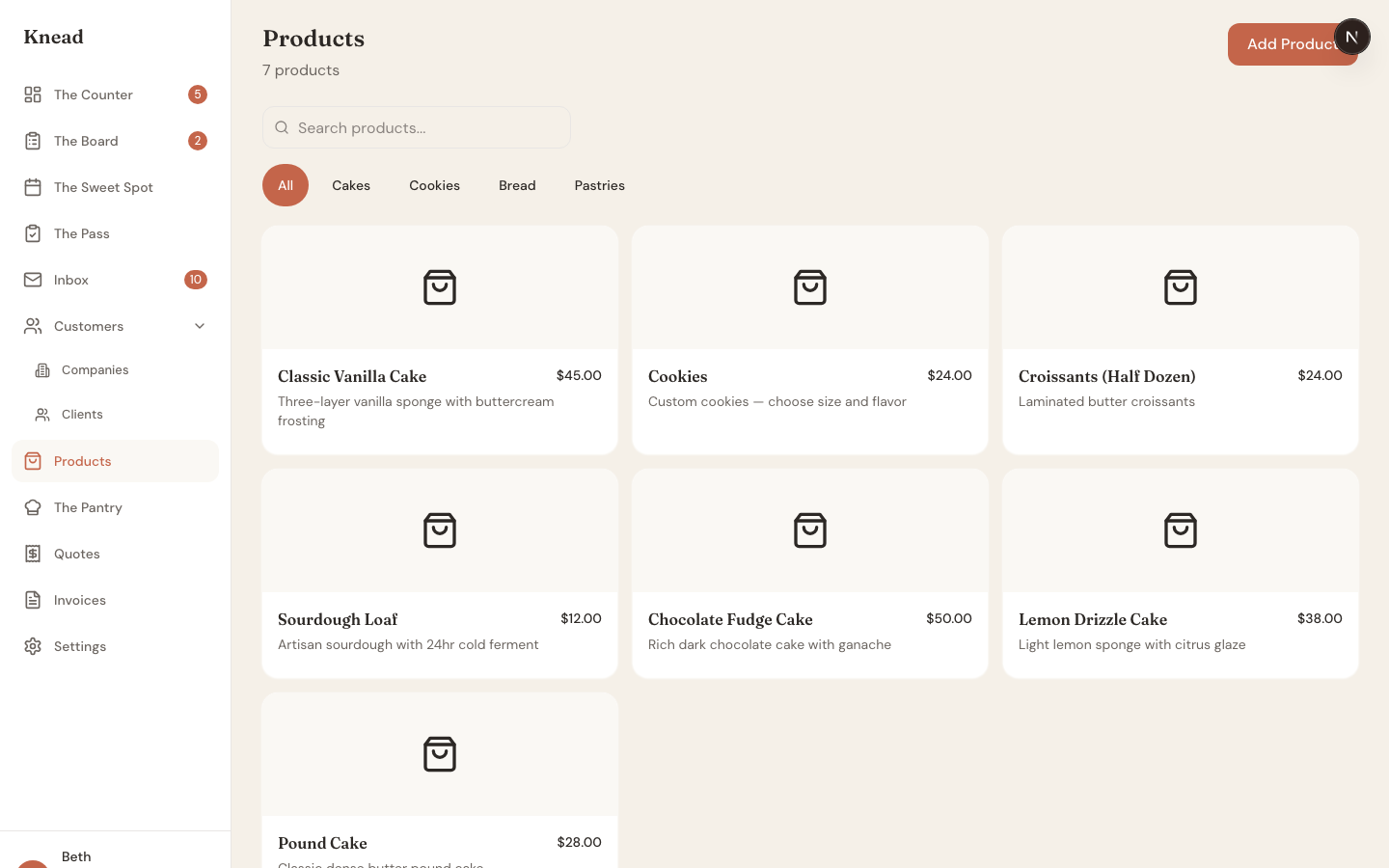 Products page showing your catalog with product cards, prices, and category filters