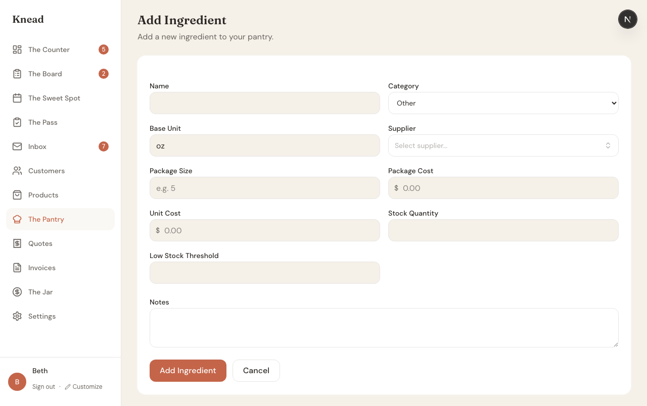 Ingredient detail page showing current values and change history
