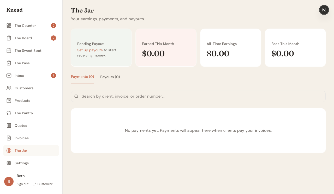 The Jar showing earnings summary cards with Pending Payout, Earned This Month, All-Time Earnings, and Fees This Month