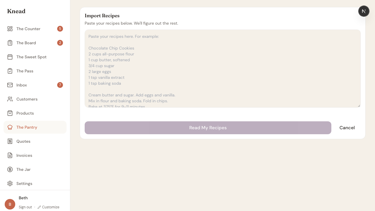 Import Recipes screen with text area showing placeholder recipe format and Read My Recipes button