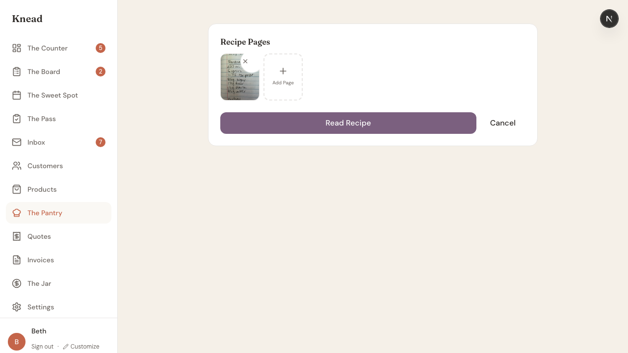 Recipe pages preview showing uploaded photo thumbnail with Read Recipe button