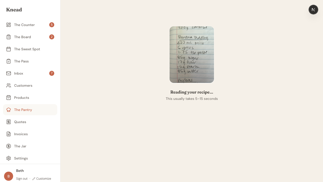 Loading screen showing Reading your recipe progress animation