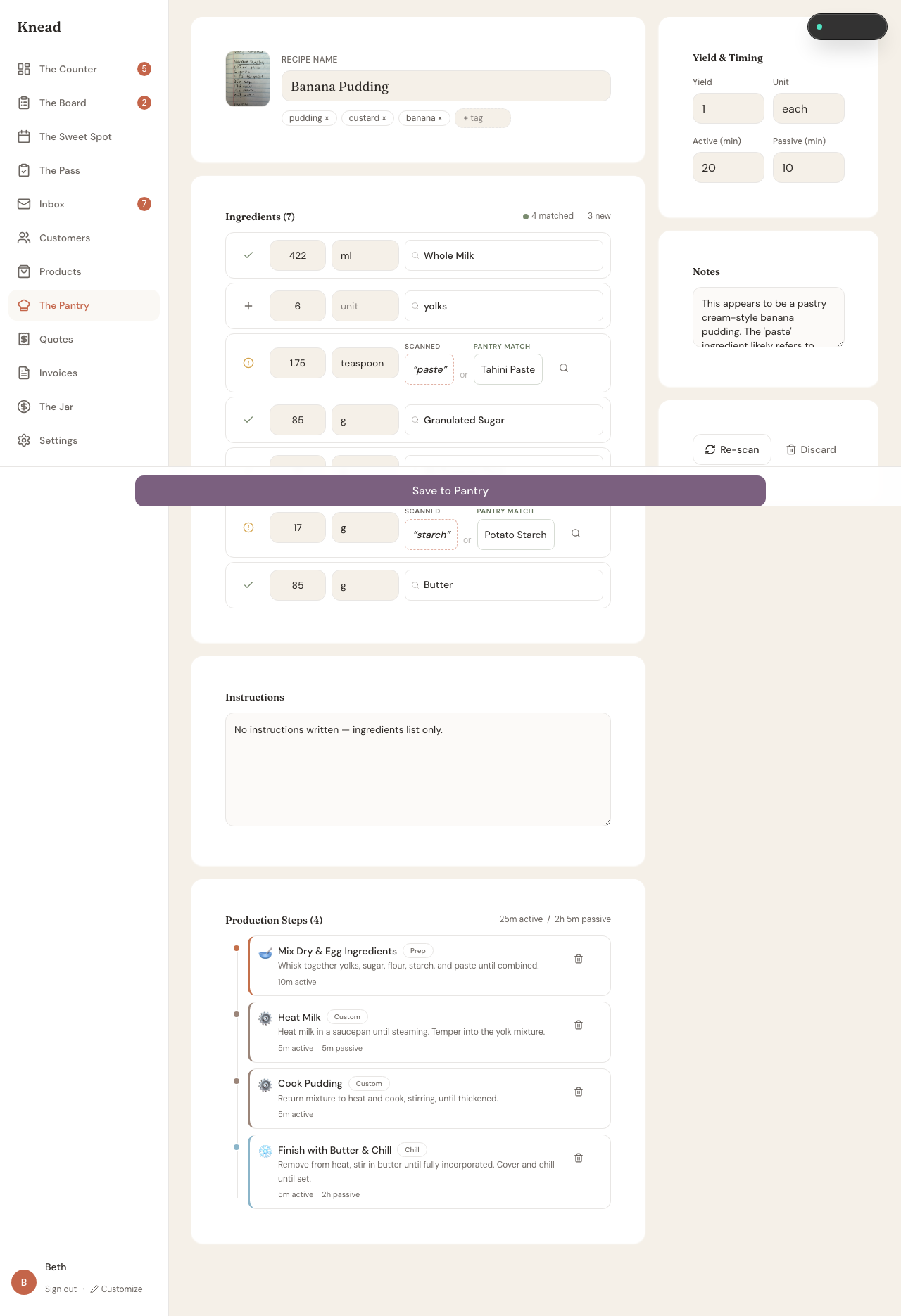 Snap & Create review screen showing extracted recipe name, ingredients with match status, instructions, production steps, and yield fields