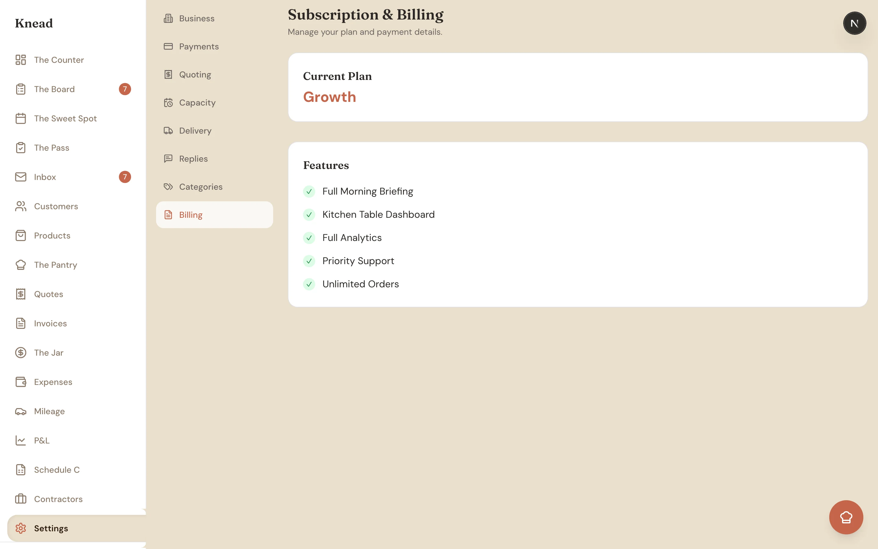 The Subscription & Billing page showing the current plan and a list of included features