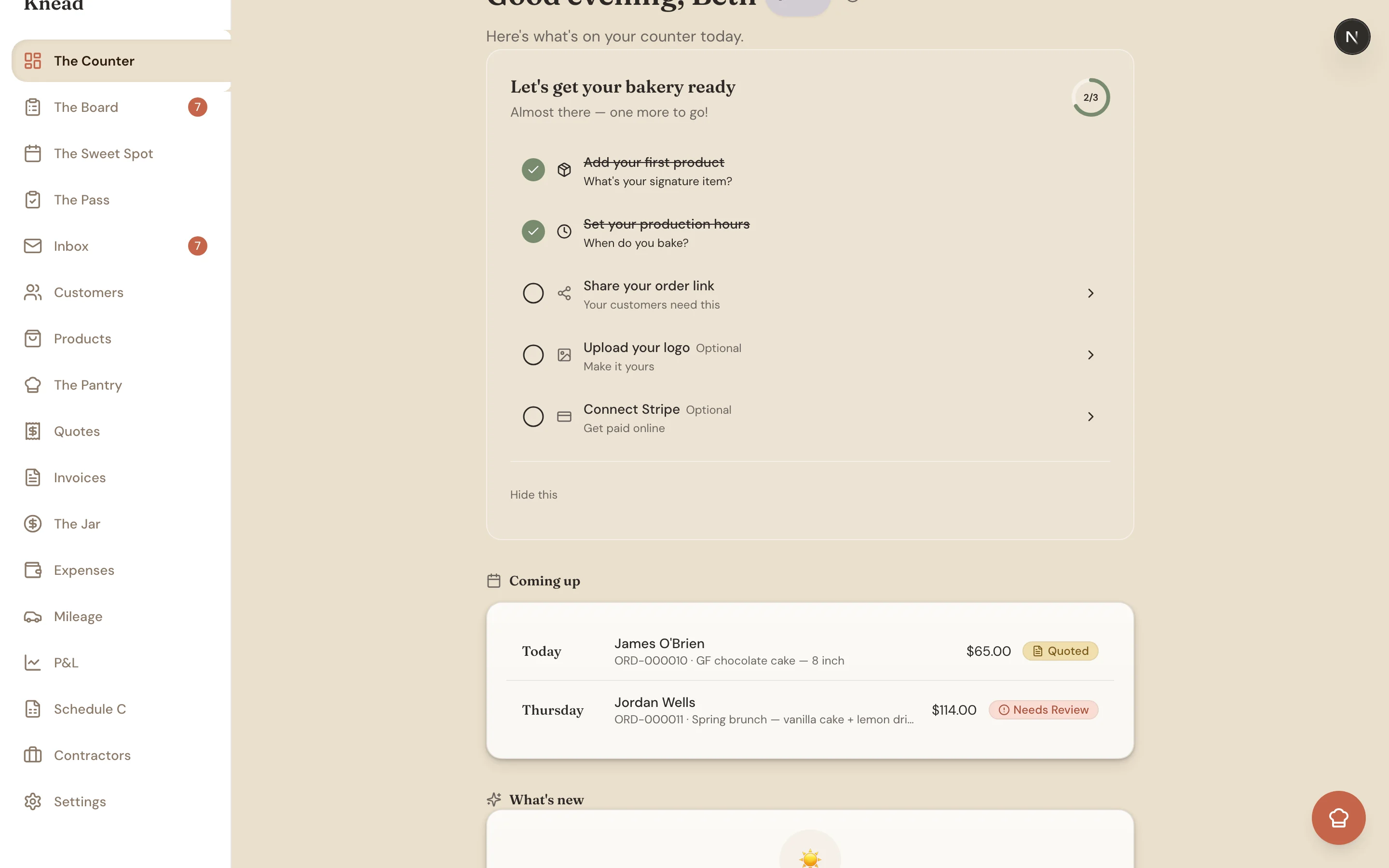 The Counter dashboard with the get-ready checklist, Coming up orders, and the What's new feed