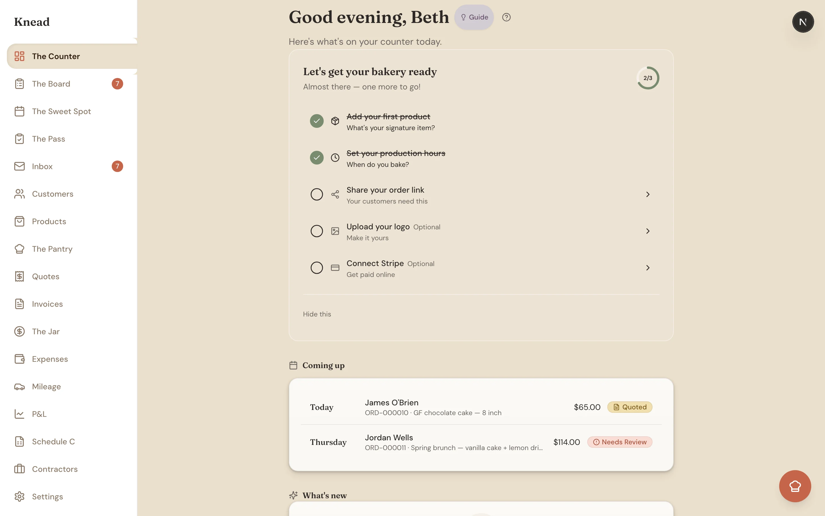 The Counter showing the Good evening Beth greeting, Coming up orders, and the What's new feed