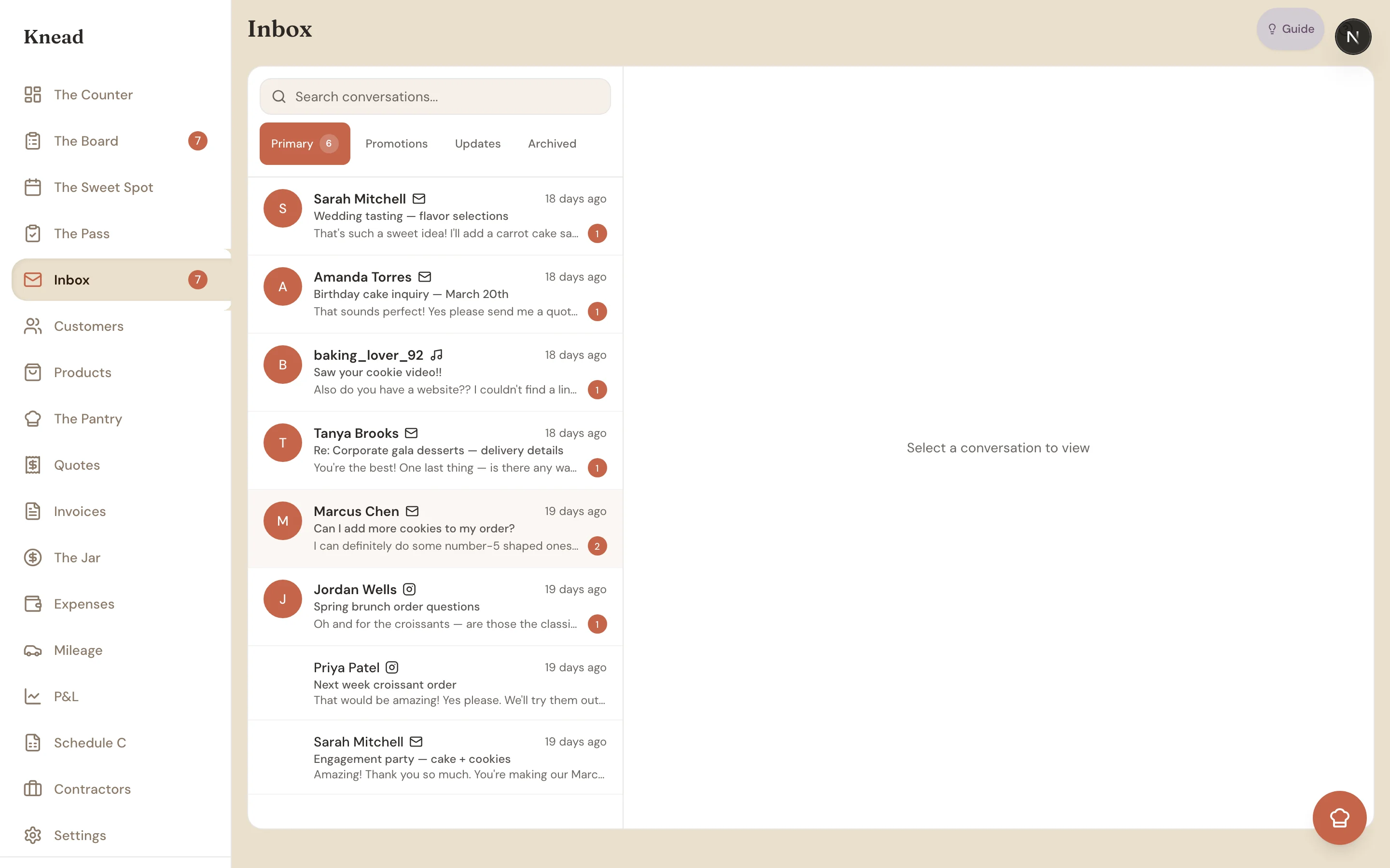 The inbox with Primary, Promotions, Updates, and Archived folder tabs and a search bar