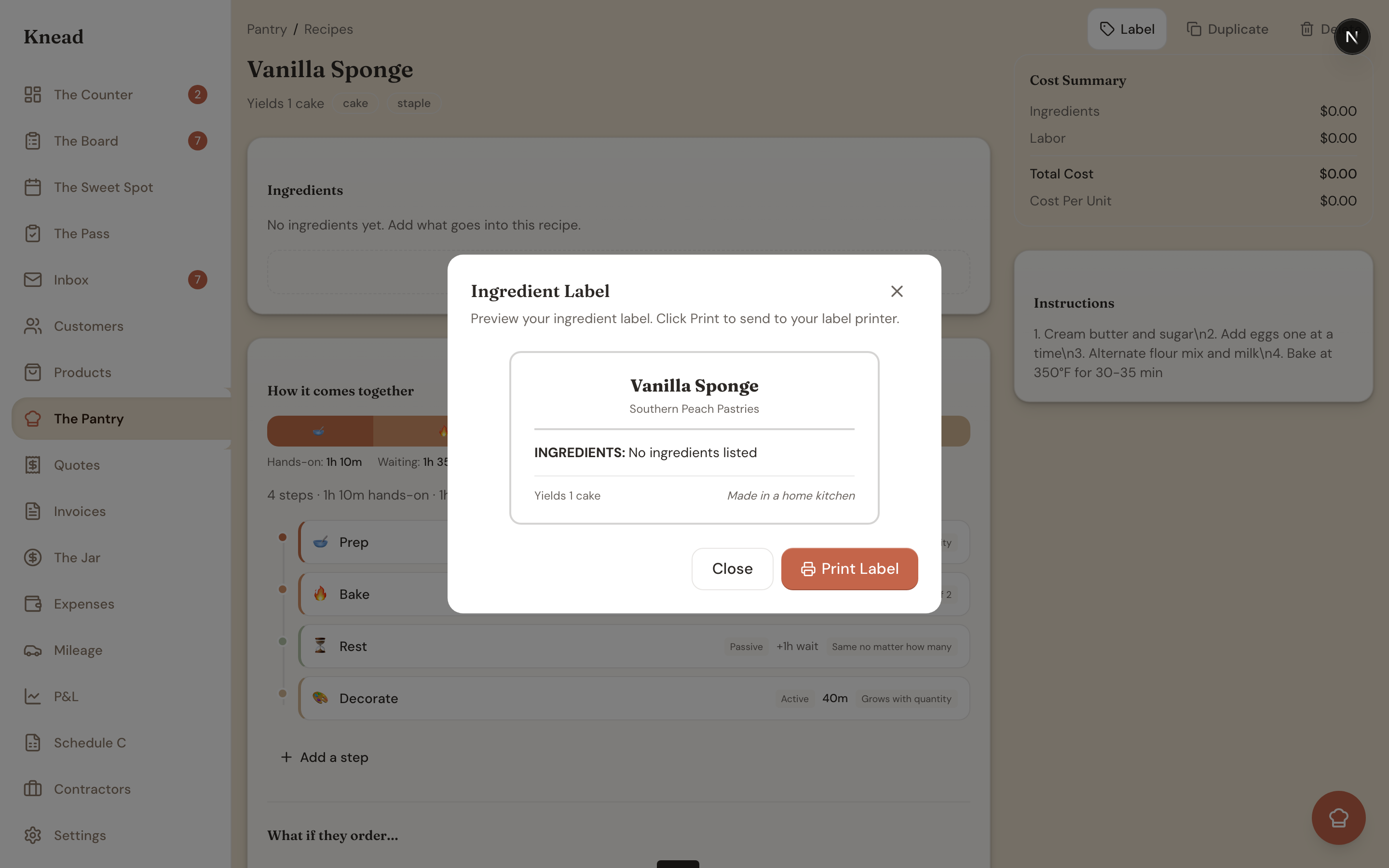 The Ingredient Label preview with the Print Label button