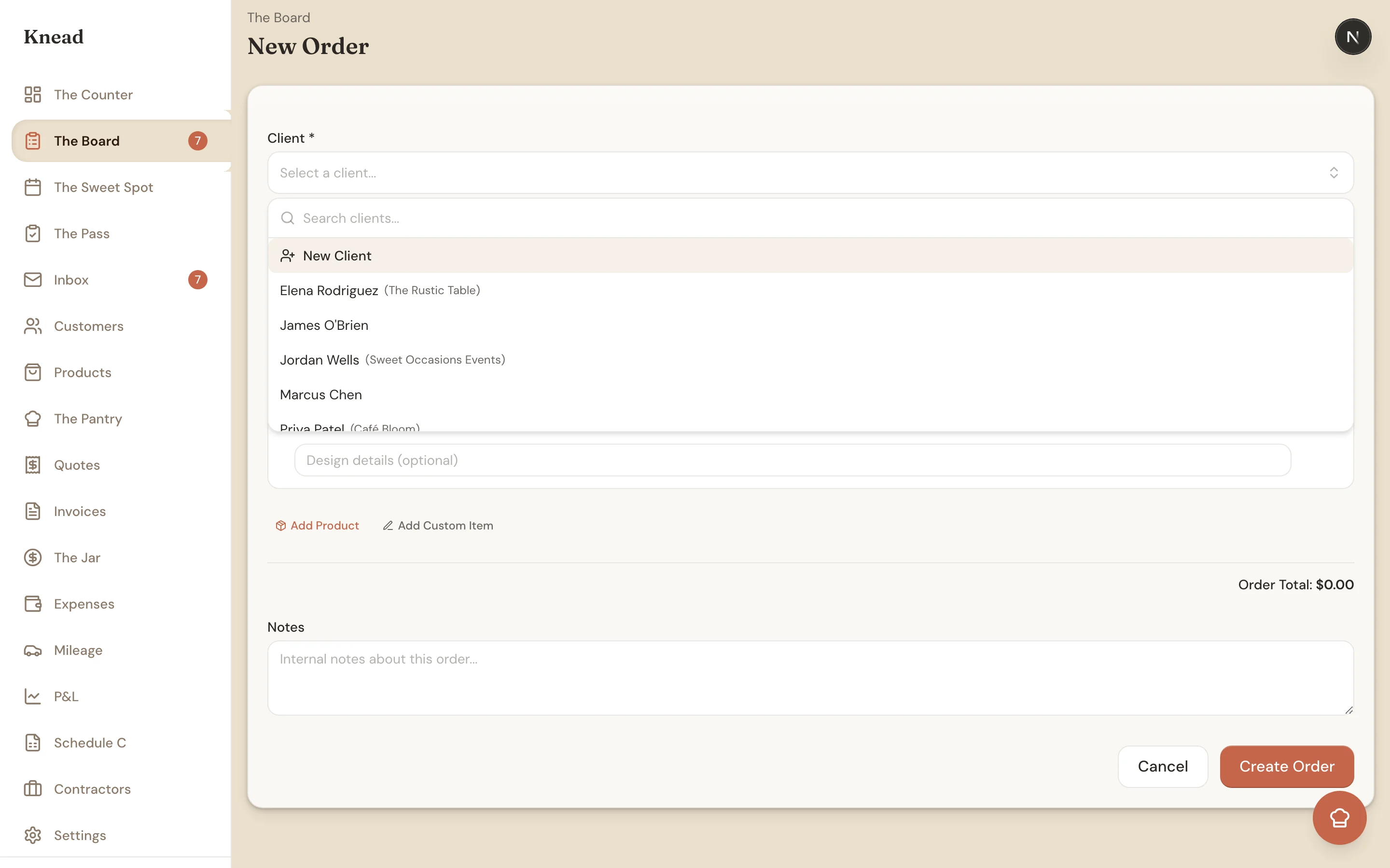 The New Order form with the client picker open, showing the New Client option above existing clients