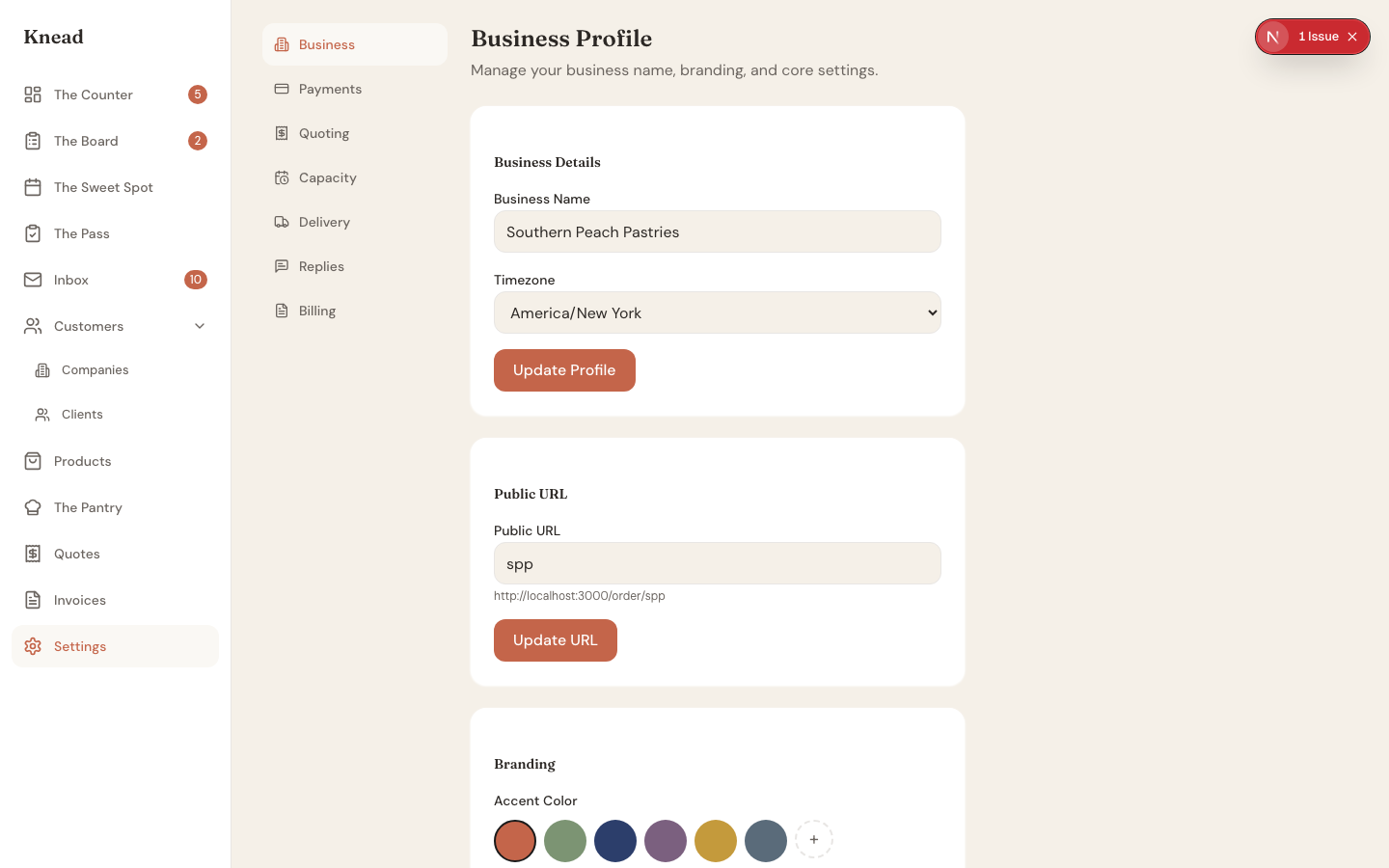 Business Profile settings page showing business name, timezone, public URL, branding, and accent color options