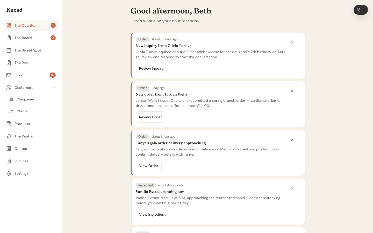 The Counter dashboard showing order notifications, delivery reminders, and ingredient alerts