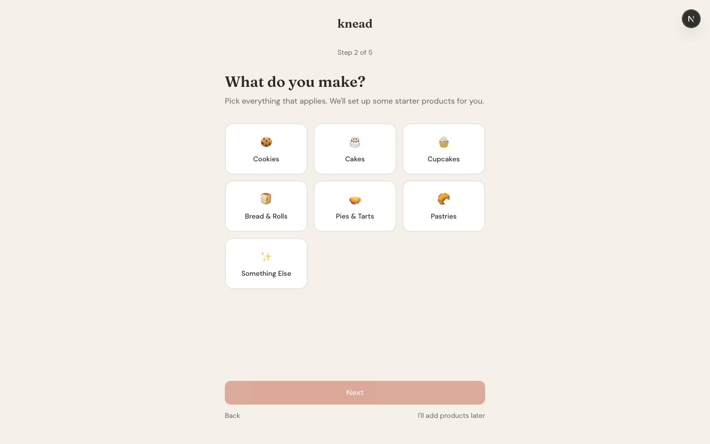 Onboarding wizard Step 2 showing product category cards — Cookies, Cakes, Cupcakes, Bread & Rolls, Pies & Tarts, Pastries