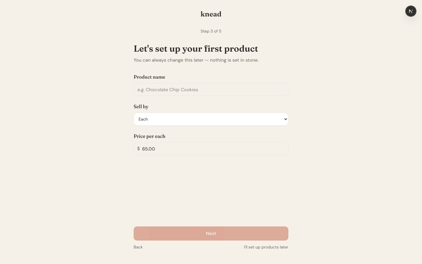 Onboarding wizard Step 3 showing first product creation with product name, sell unit, and price fields