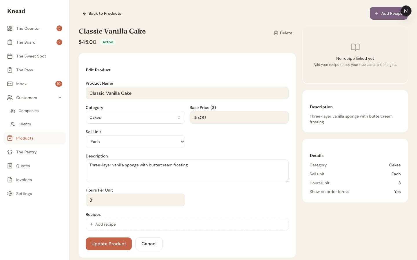 Product detail page showing Classic Vanilla Cake with pricing, description, and recipe section
