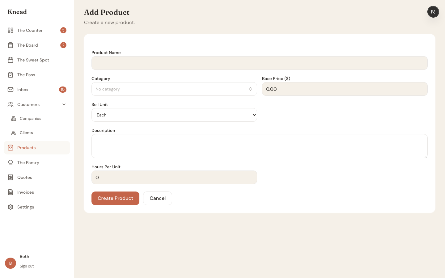 Add Product form showing fields for product name, category, base price, sell unit, description, and hours per unit