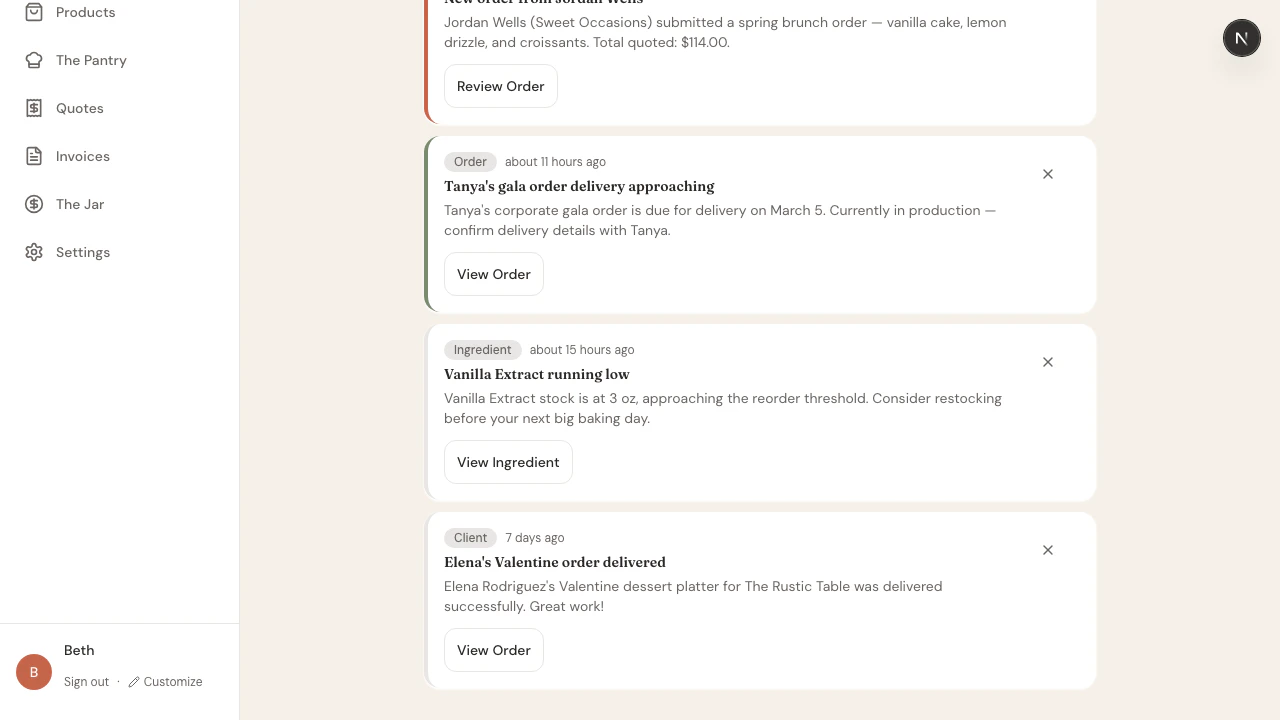 Briefing cards showing delivery approaching, low stock ingredient alert for Vanilla Extract, and completed delivery notification