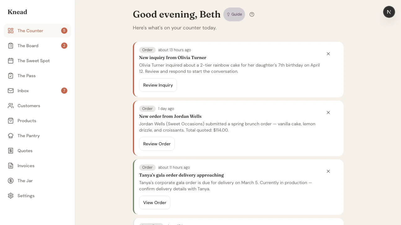 The Counter showing Good evening Beth greeting with briefing cards for new inquiries, new orders, and upcoming deliveries