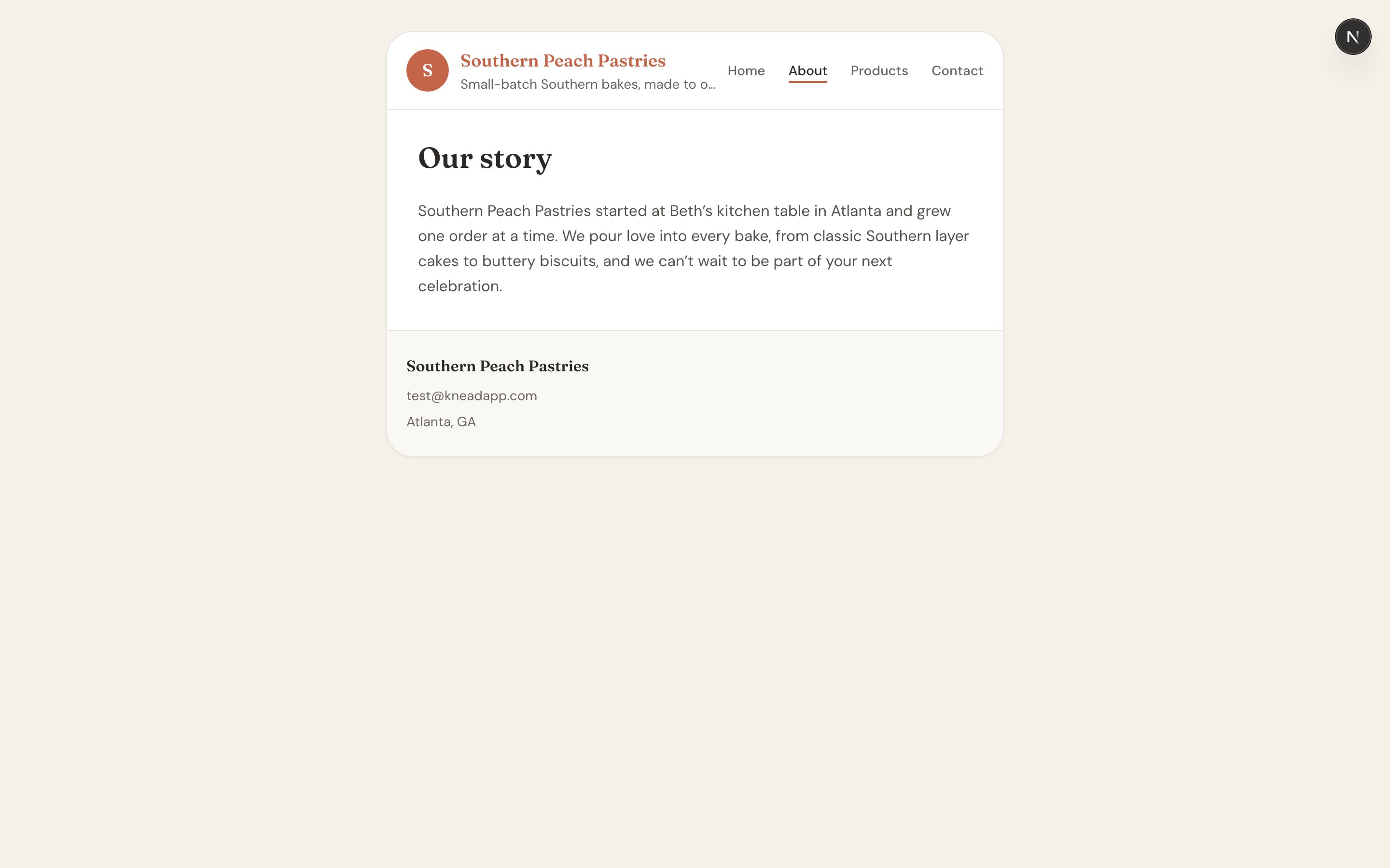 The About page of a Knead storefront showing the baker's story and photo