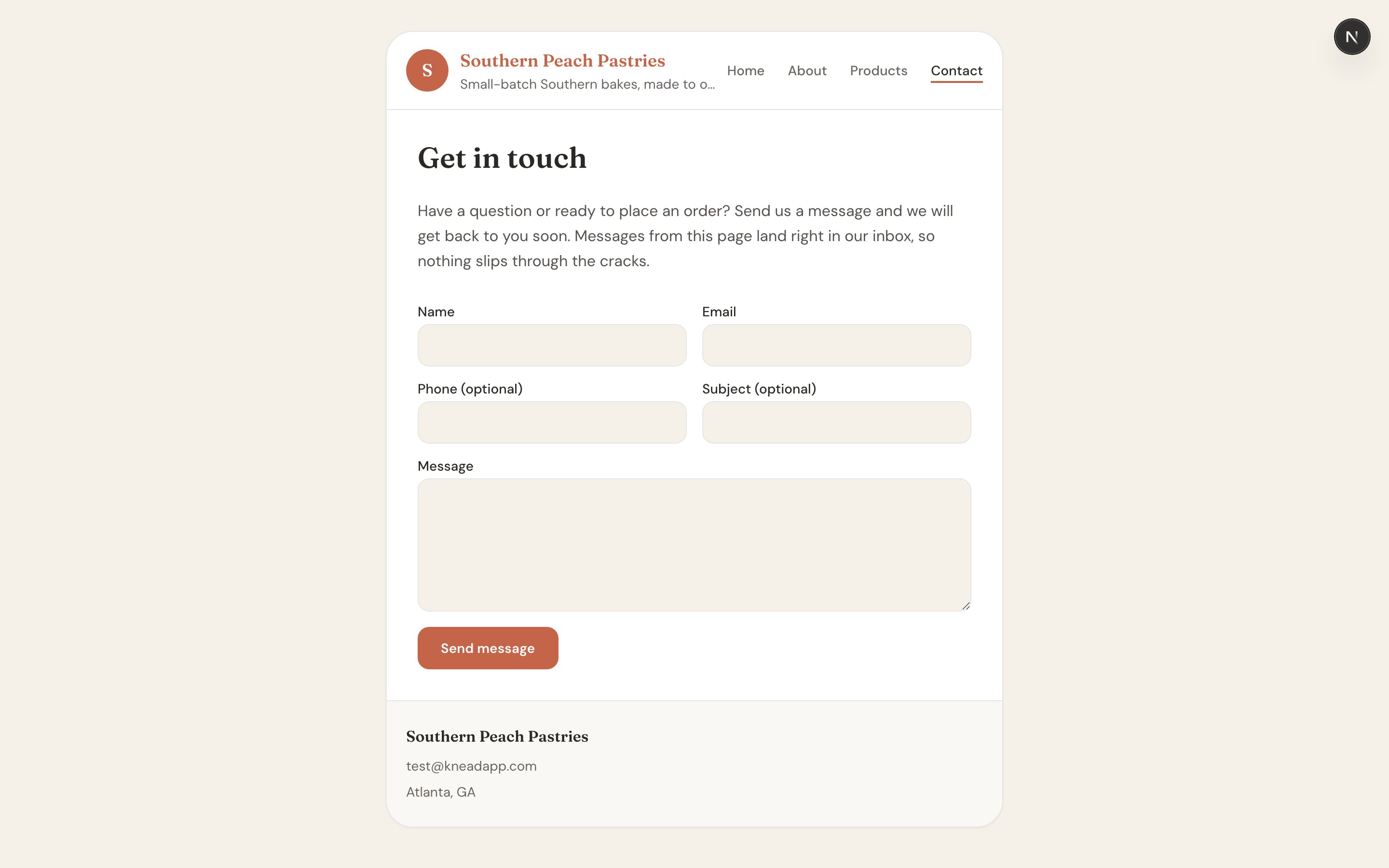 A Knead storefront contact page with name, email, phone, subject, and message fields