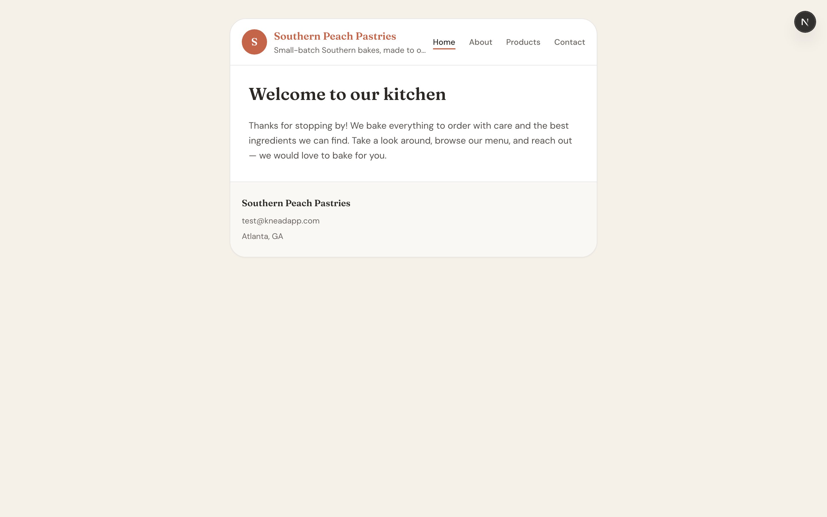 A Knead storefront home page with a banner image, business name, tagline, and navigation