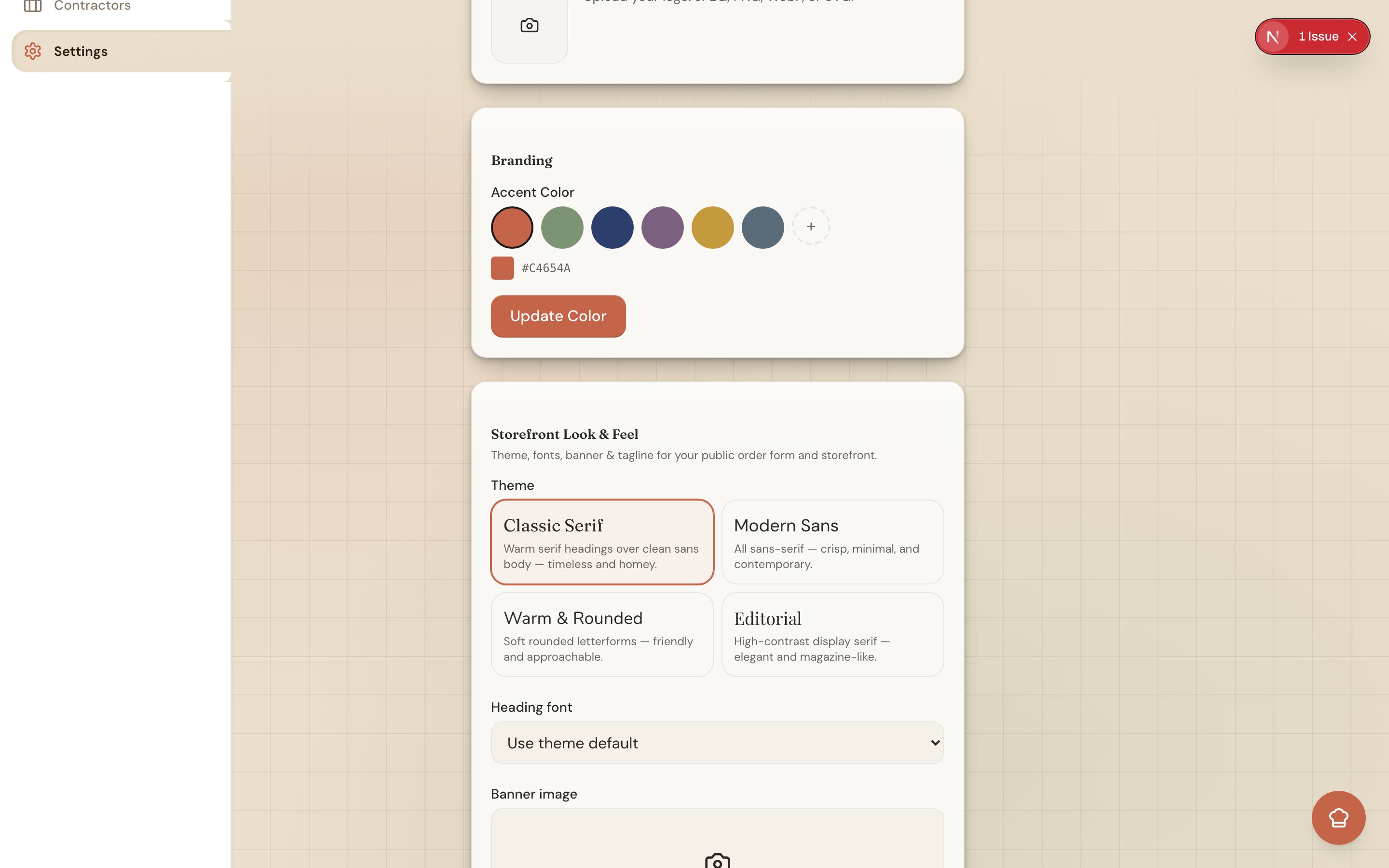 The Storefront Look & Feel settings with theme choices, font override, banner upload, and a live preview