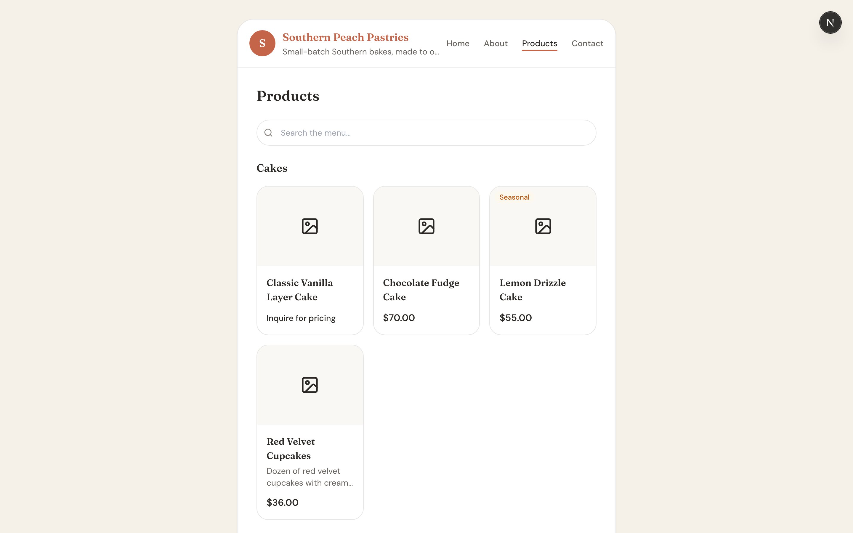 A Knead storefront menu showing a grid of products grouped by category with photos and prices