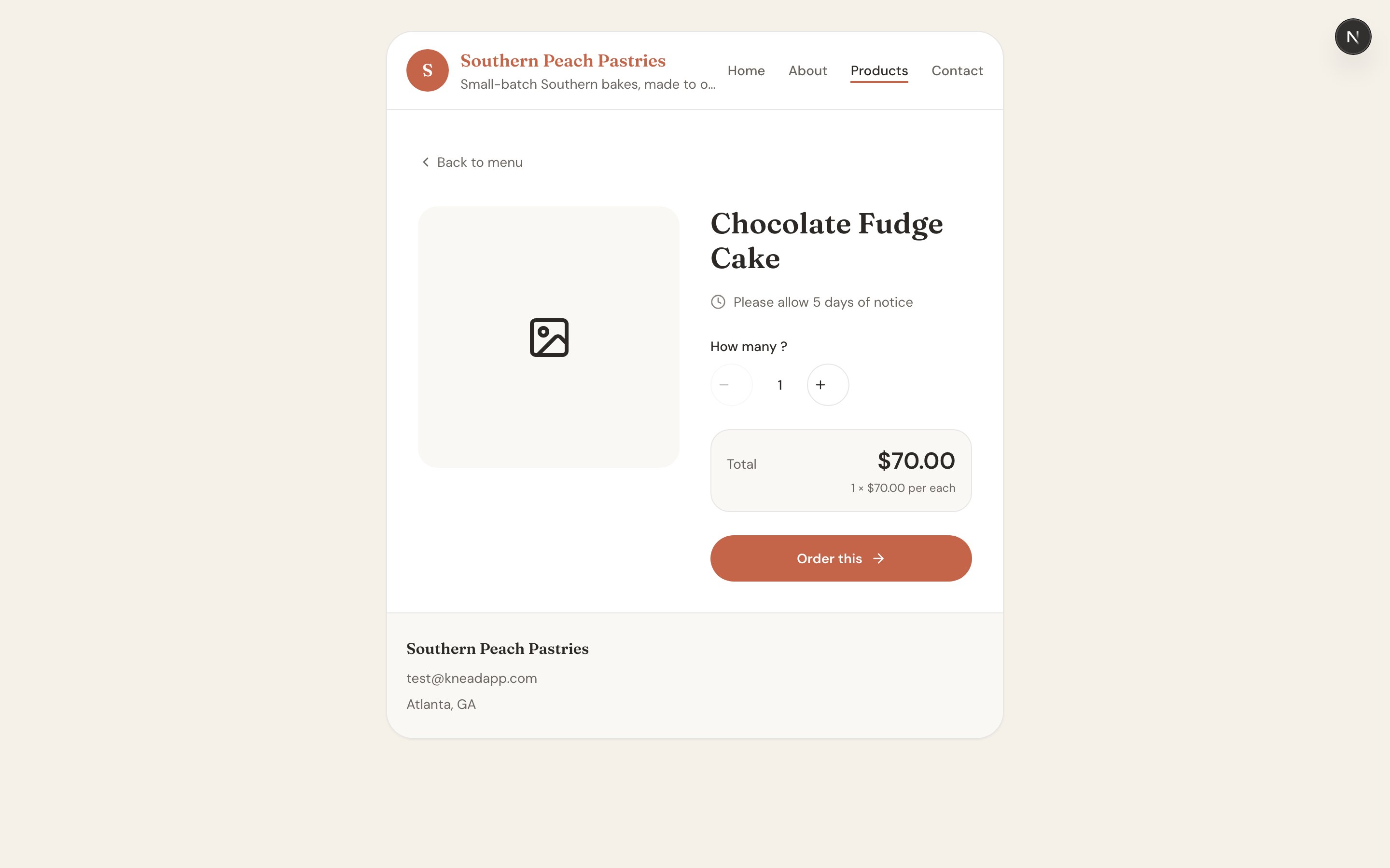 A storefront product detail page with a photo gallery, description, options picker, and live price