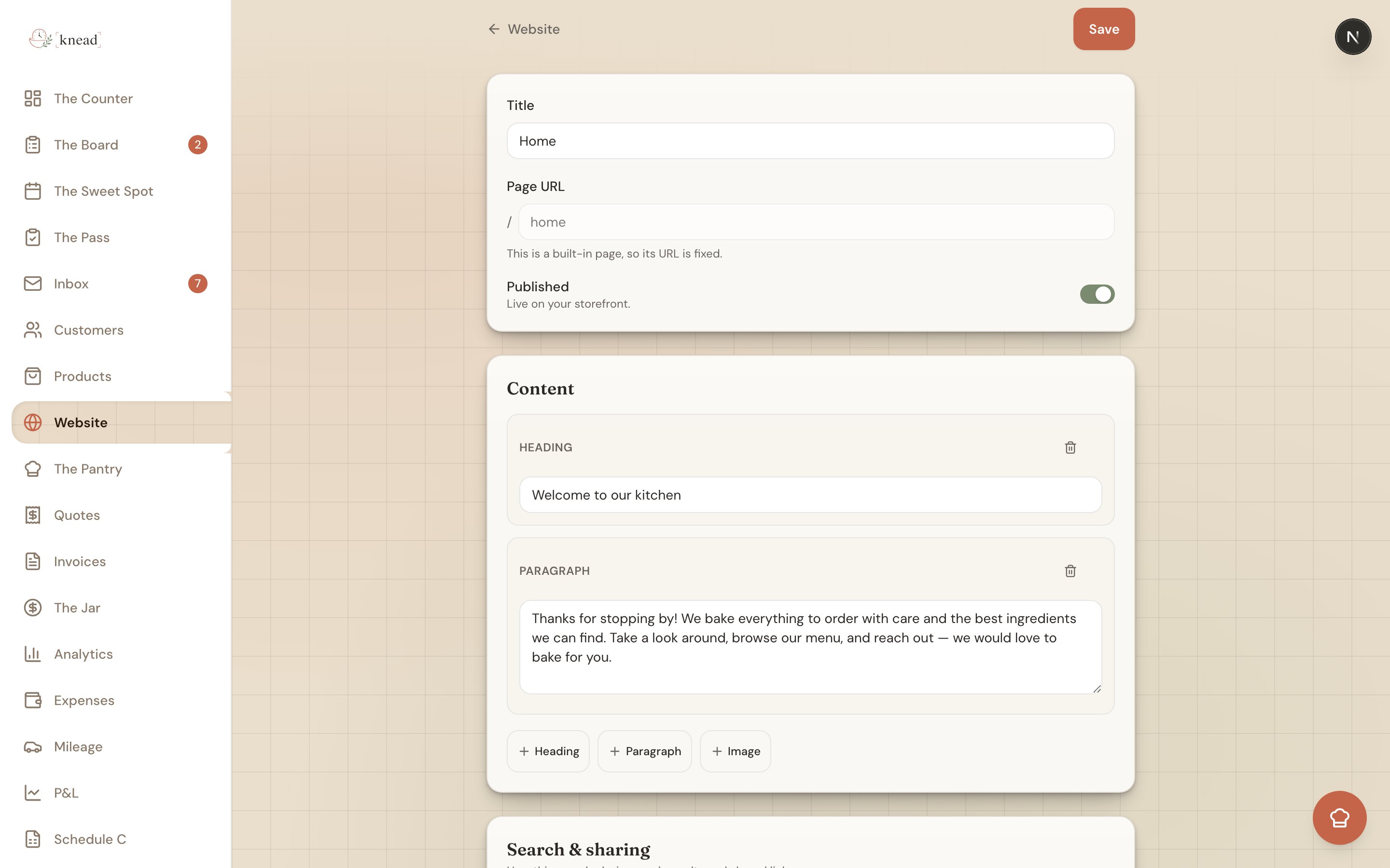 The website page editor showing the title, slug, Published toggle, content blocks, and Search & sharing section