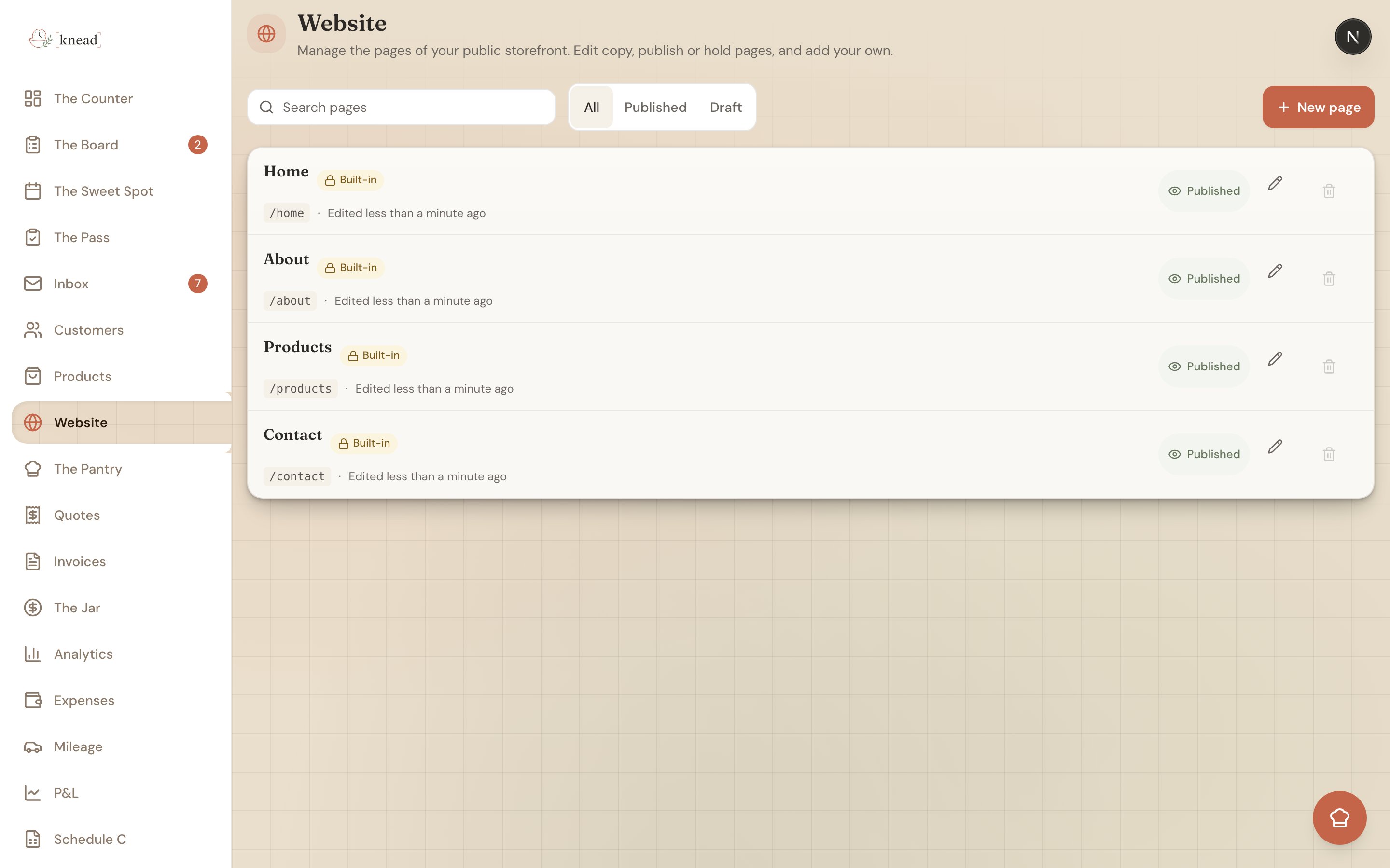 The Website pages manager listing pages with search, an All/Published/Draft filter, and publish toggles
