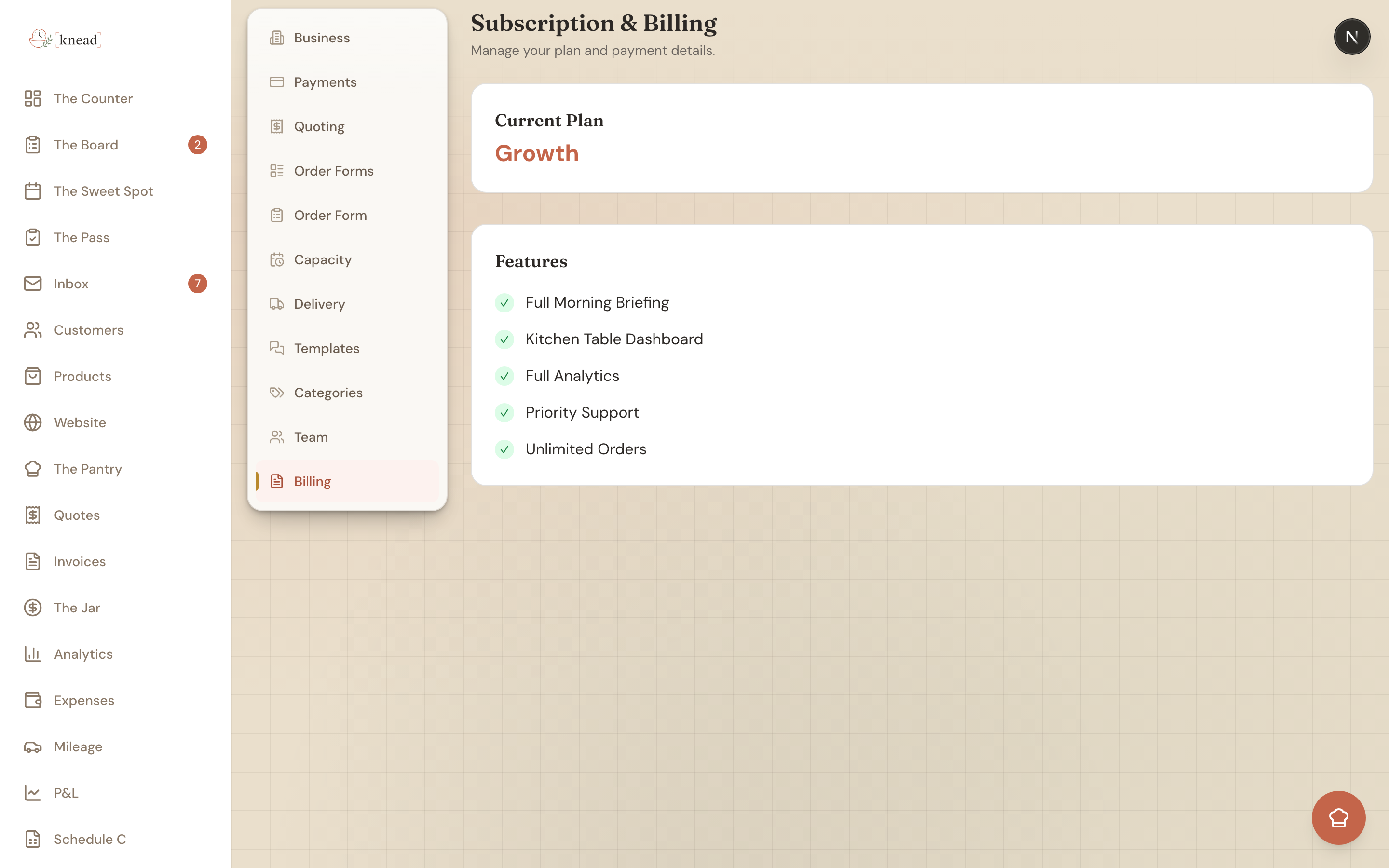 The Knead billing page showing the Free, Starter, and Growth plans side by side
