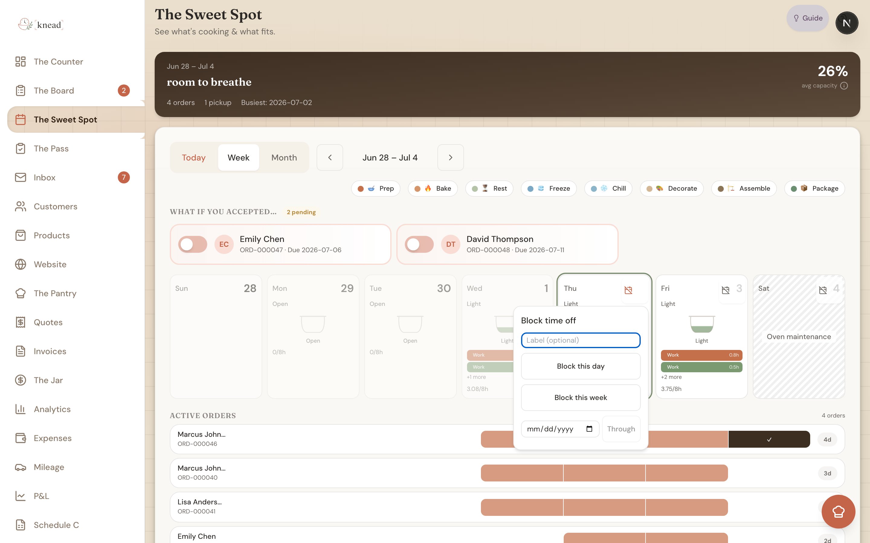A Sweet Spot day card with the calendar-with-a-slash corner button open, showing Block this day, Block this week, and Through options