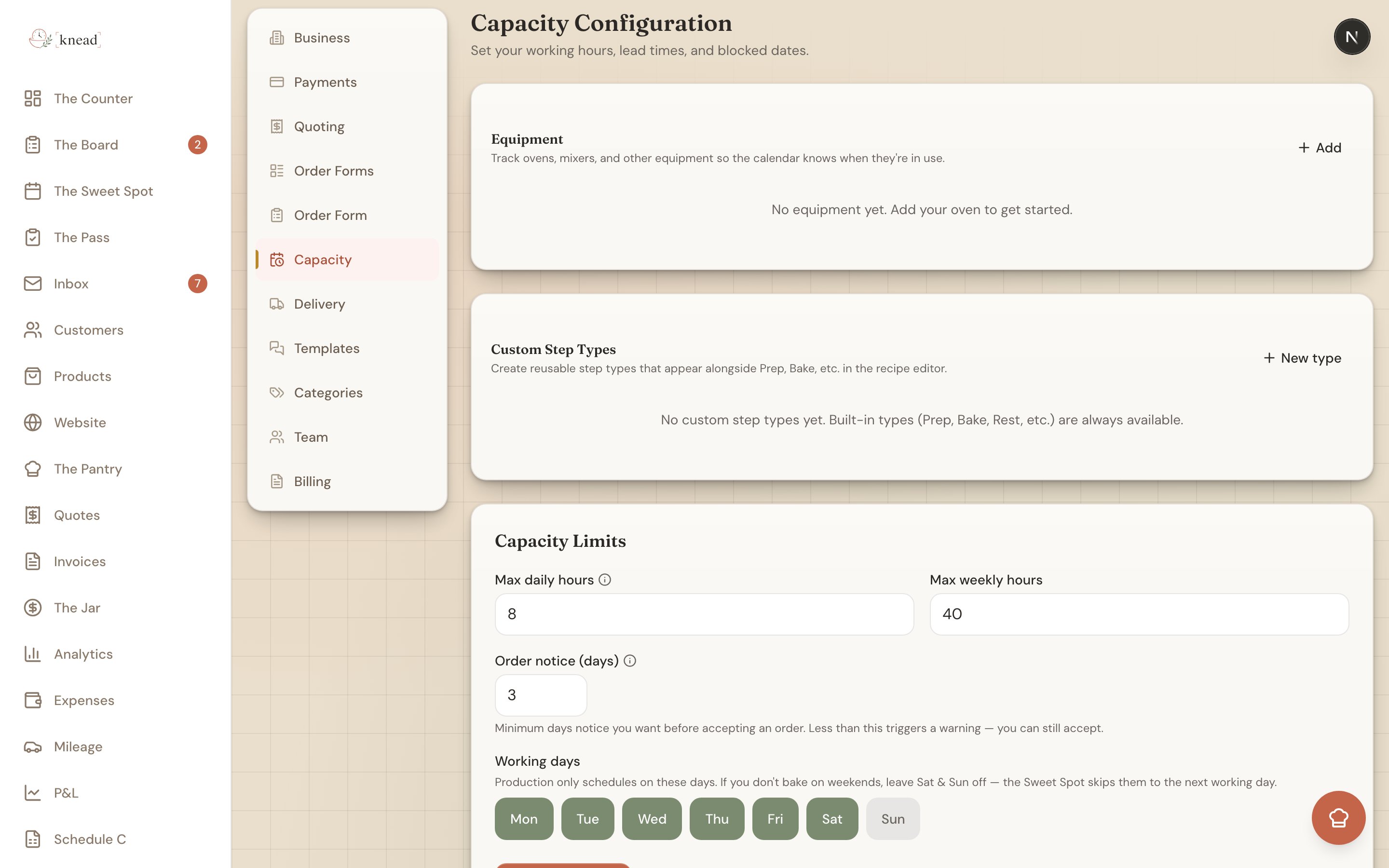 The Capacity settings page showing Max daily hours, Max weekly hours, Order notice, and Working days toggle chips