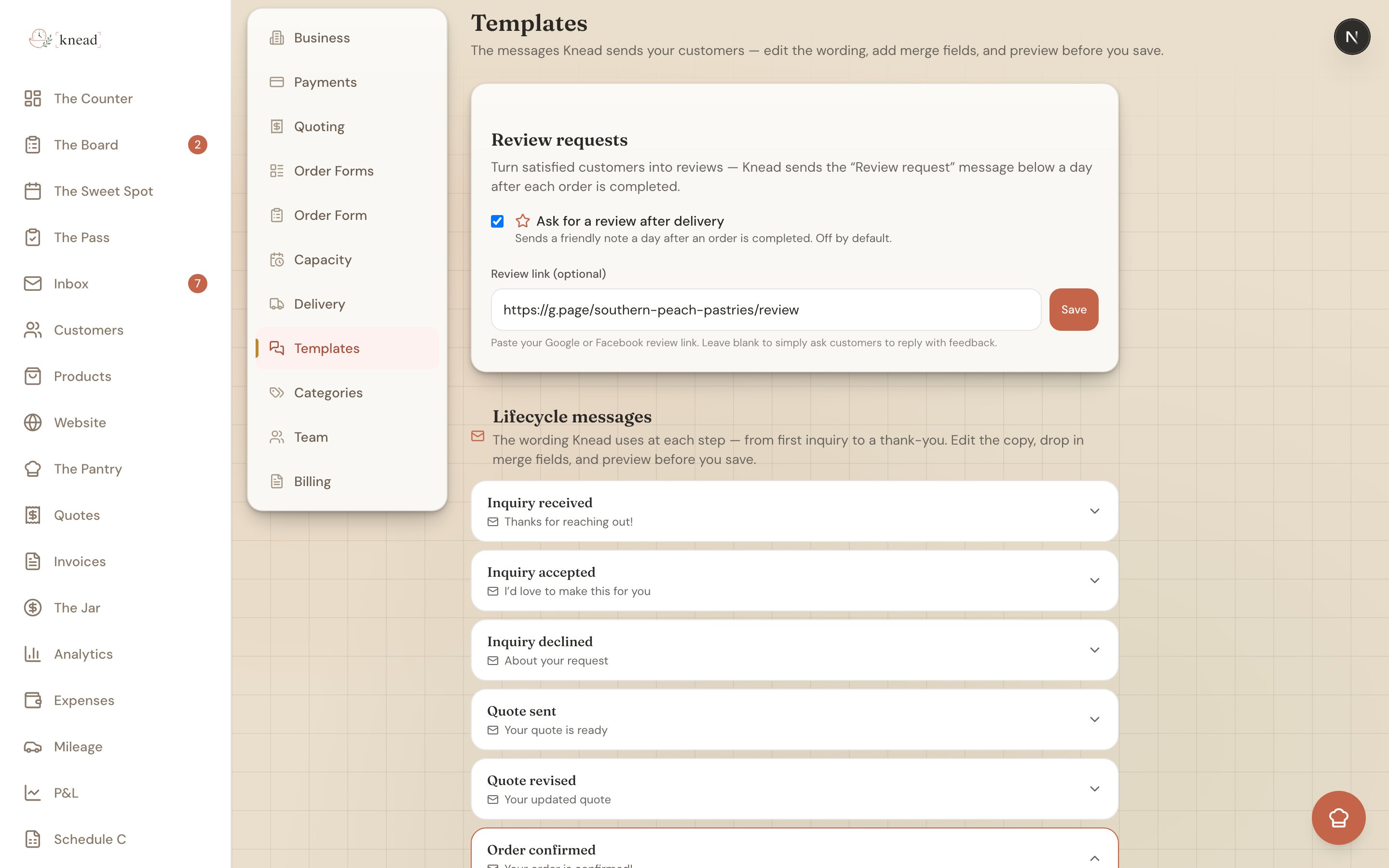An expanded lifecycle message card showing the subject field, message body, merge-field chips, and a live preview