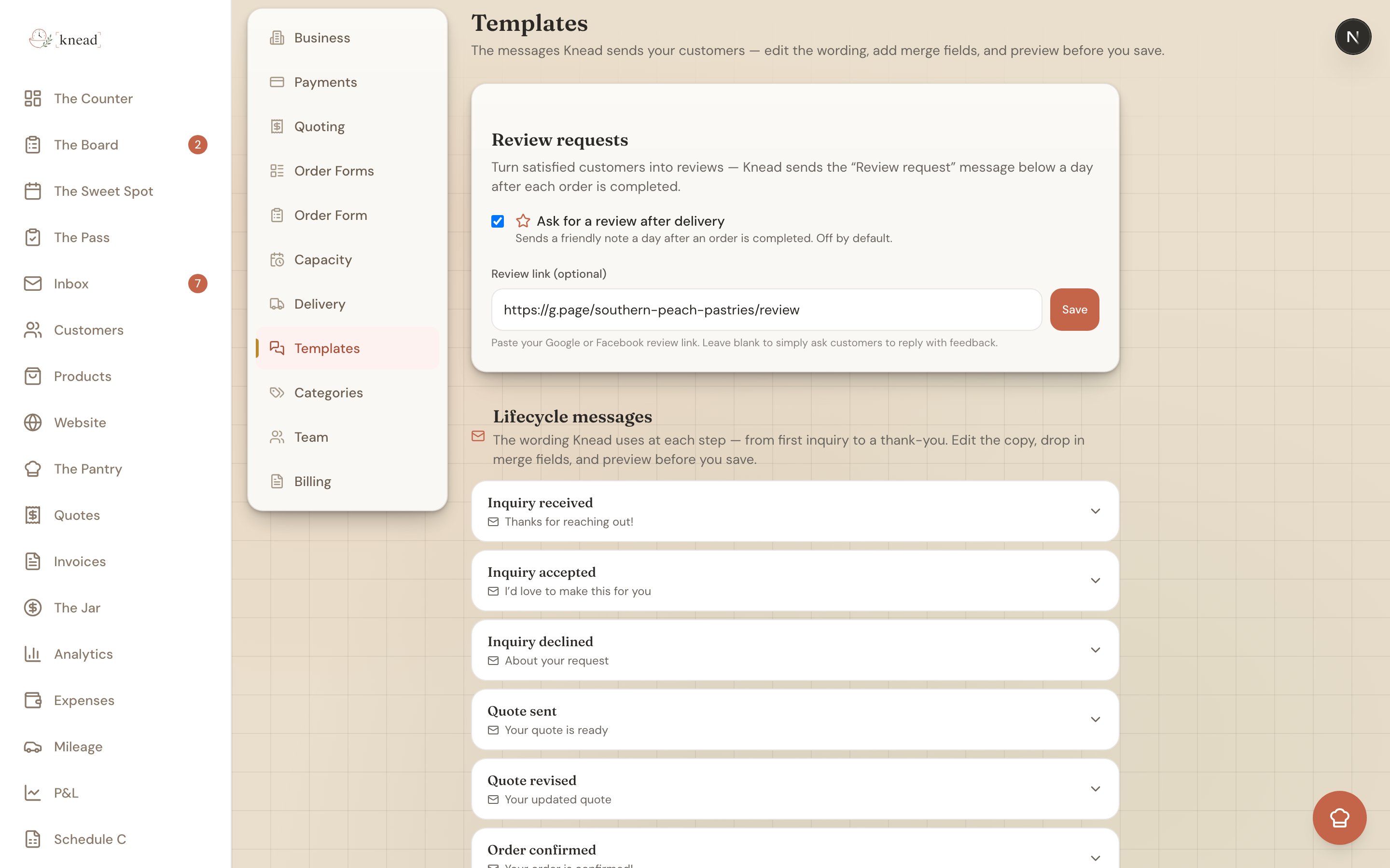 The review requests card with the ask-for-a-review toggle and an optional review link field