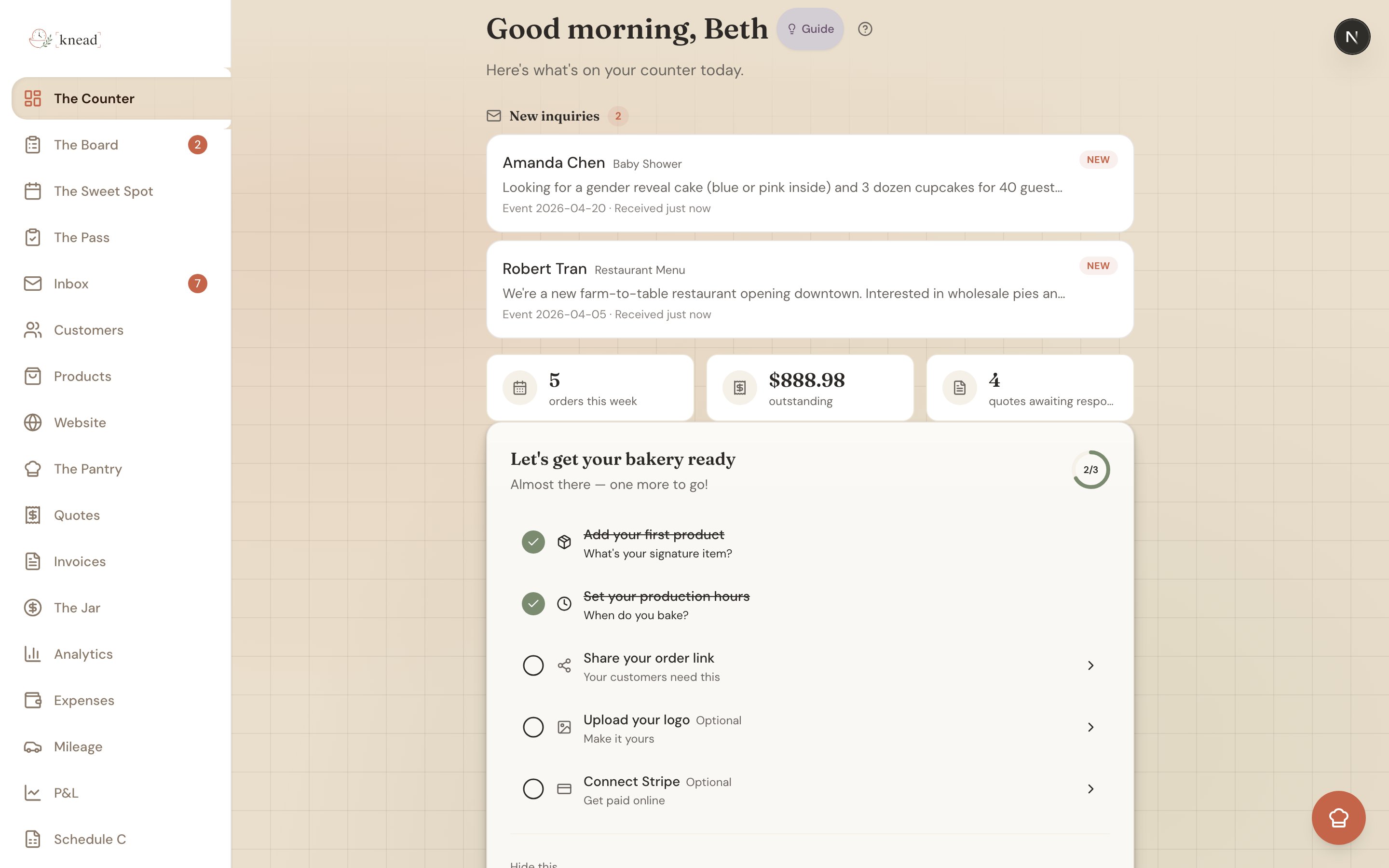 The Counter dashboard showing the greeting, Fresh Inquiries, the Pulse stat row, Coming up orders, and the What's new feed