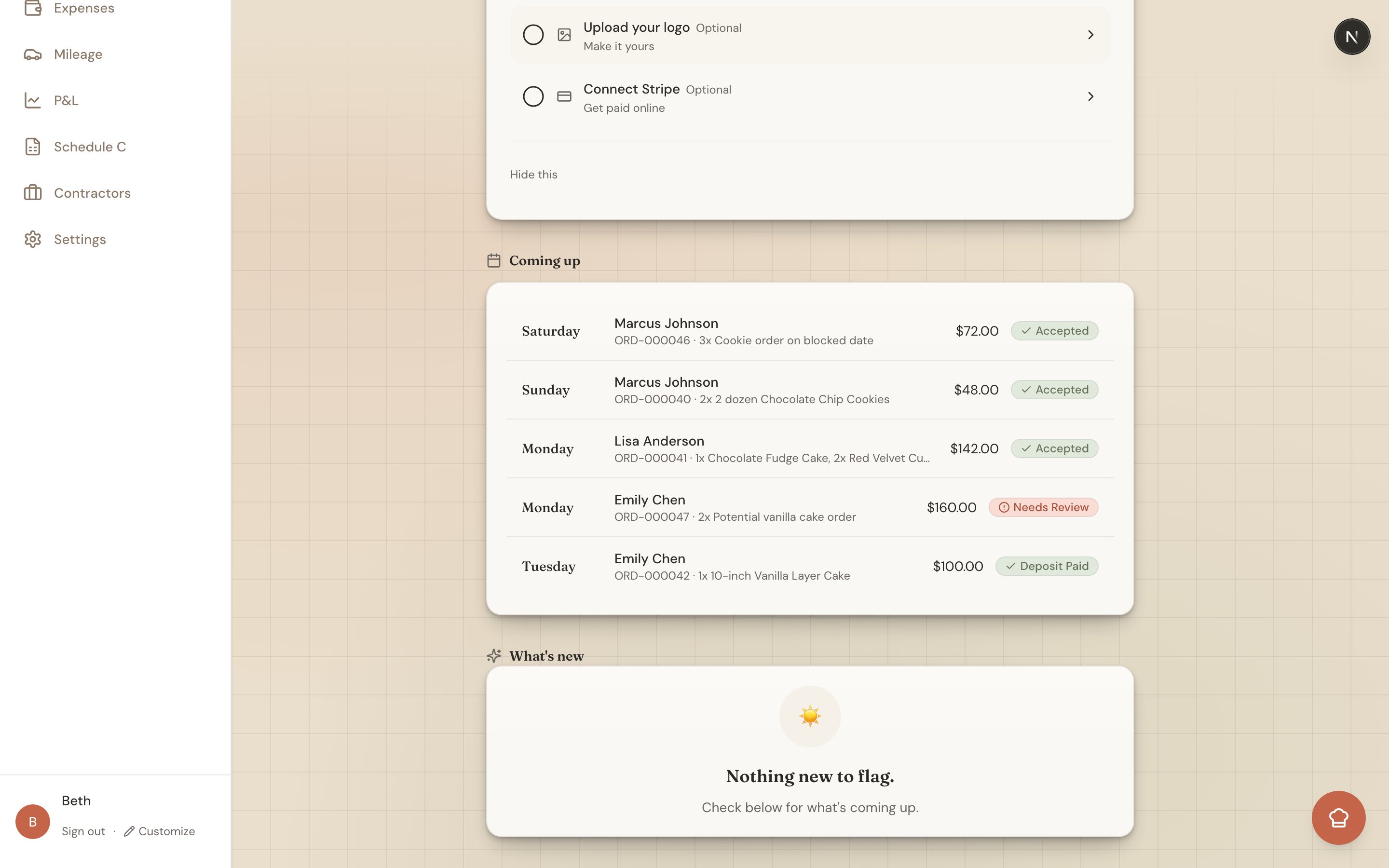The Counter's What's new feed showing briefing cards for orders, payments, and customer nudges