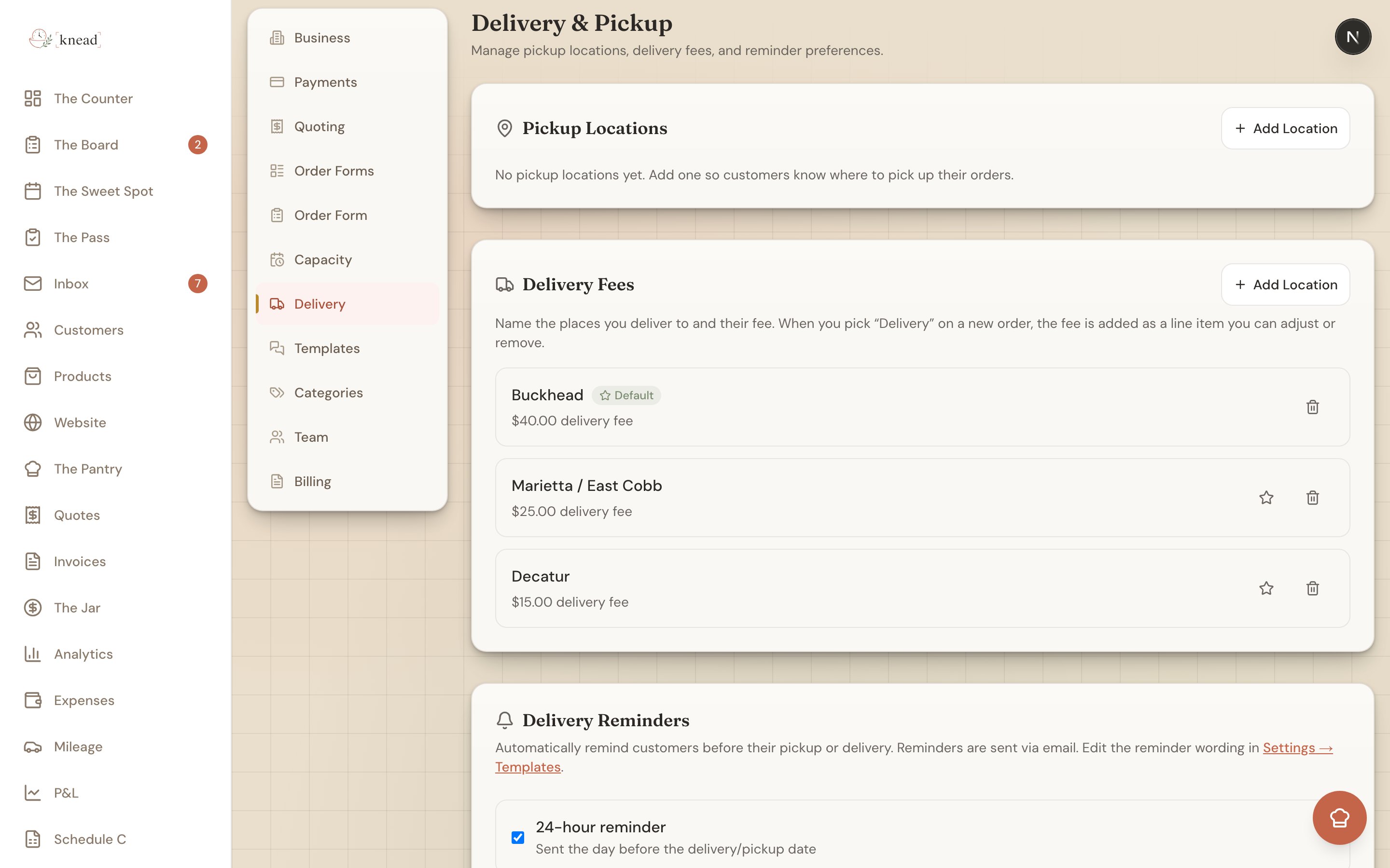 Delivery Fees section under Settings then Delivery showing named delivery areas each with a fee