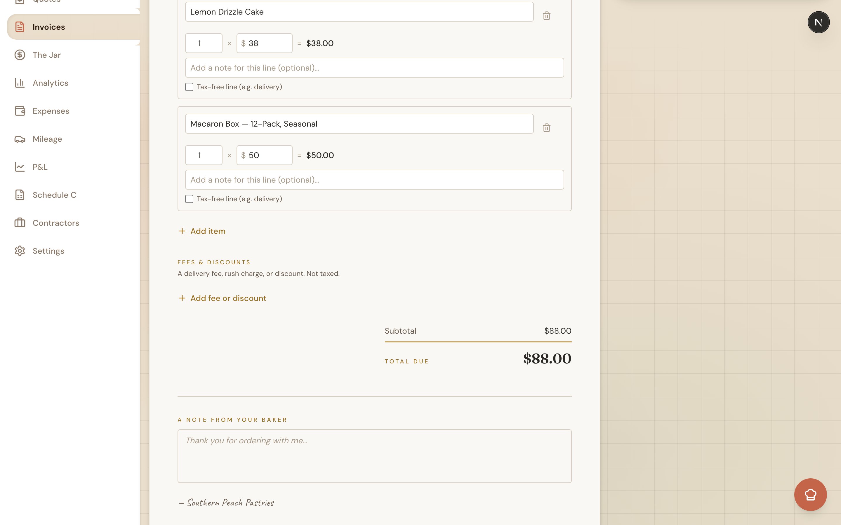 The invoice editor showing editable line items and the Fees and discounts section with a delivery fee and a discount in green