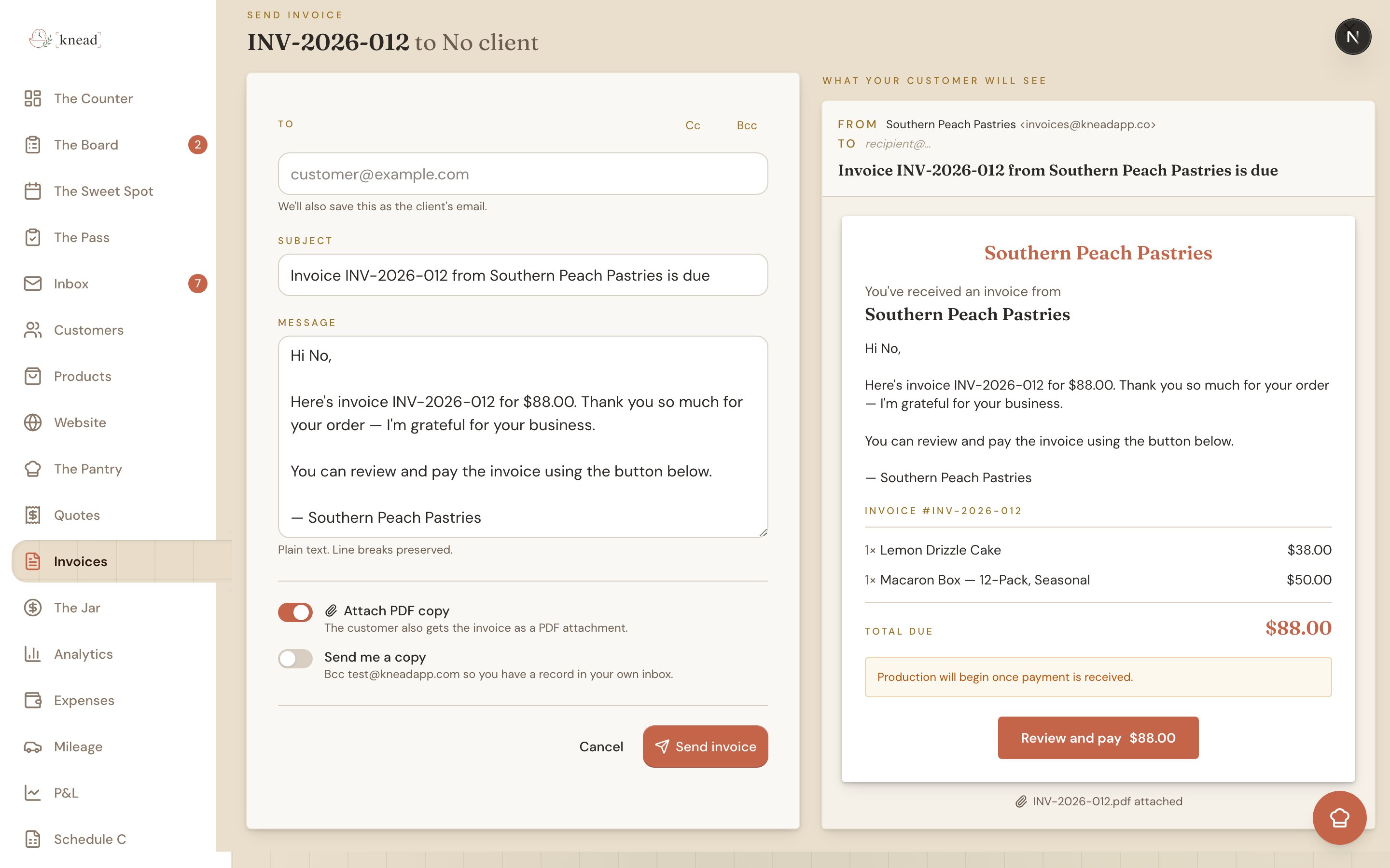 The invoice send page with To, Cc, Bcc, an editable subject and message, the Attach PDF copy and Send me a copy toggles, and a live email preview